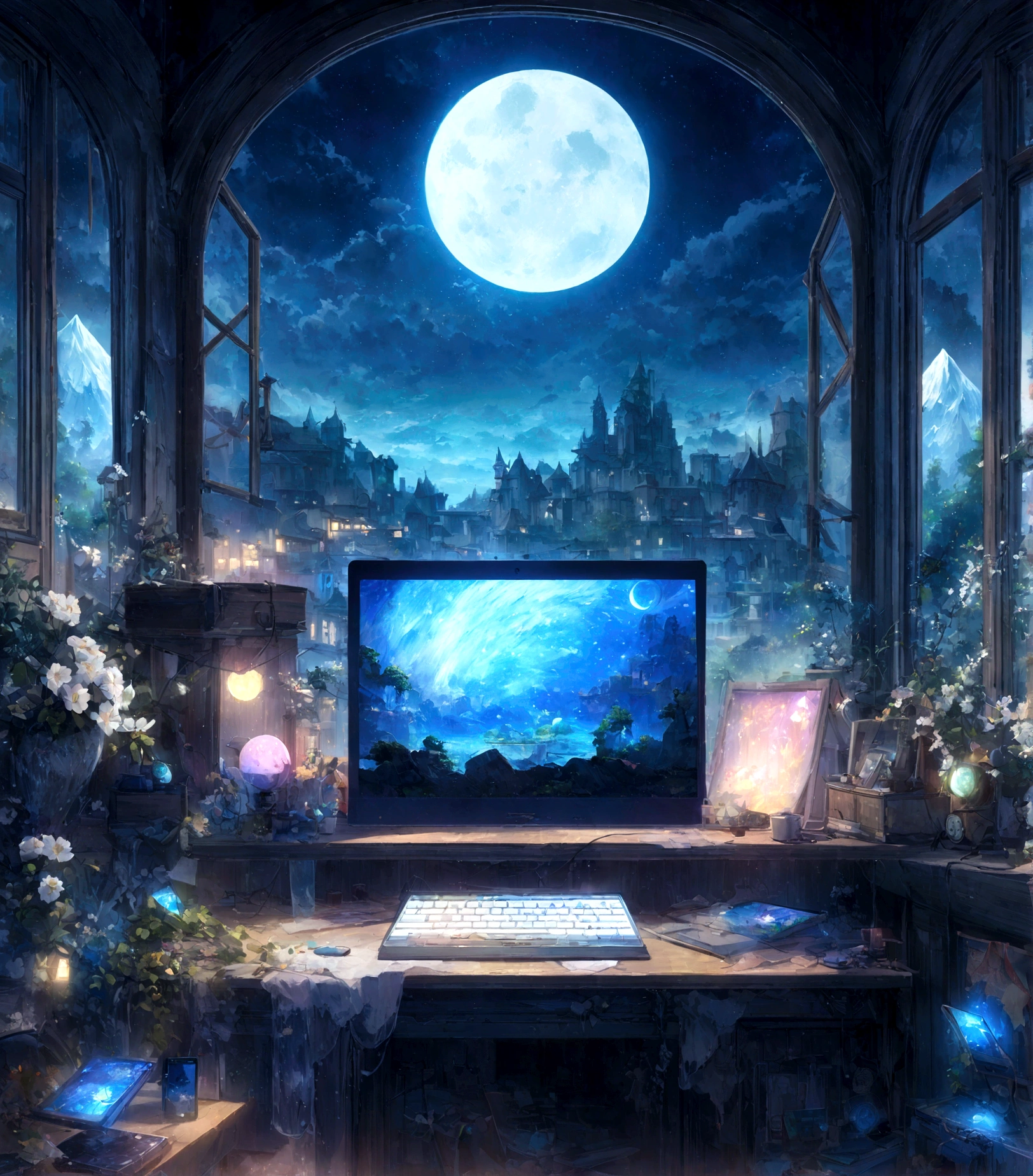 on the desk、No people、Tablet、liquid crystal、moon、PC Monitor、liquid crystalTablet、smartphone、wall、Dark atmosphere、Blue Neon、Blue Star、keyboard、Vocal Microphone、headphone、Large windows、scenery、white flowers and a laptop on a desk in front of a window, a digital painting inspired by Uragami Gyokudō, pixiv contest winner, magical realism, magic lab background, magical background, background art, personal room background, random background scene, anime background art, cozy cafe background, fairy tale style background, background artwork, mobile game background