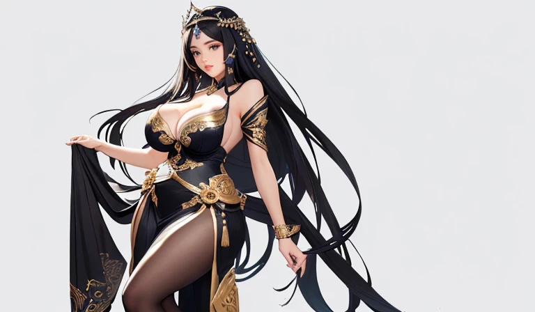 Anime girl wearing black and white outfit posing for photo, Beautiful fantasy queen, Ali, full body xianxia, ((Beautiful fantasy queen)), Very detailed and beautiful fan art, Extremely detailed artger, anime goddess, Background Image, 2. 5D CGI anime fantasy artwork, Irelia, seraphine Ali ((((Large Breasts)) (((Large Breasts)))Breast sagging、Low-cut(((Cleavage )))、(((Wide hips,)))(((Hourglass figure)))((Long legs))))Random Background