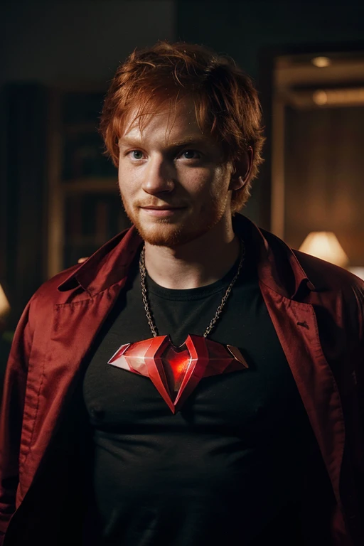 Crie um poster do Ed sheeran, com um olhar sombrio de vilão evil smiling handsome strong man superhero with a red crystal on his chest, red-haired strong superhero with scarlet diamond powers wearing a black shirt and a scarlet red overcoat with large pointy red crystals coming out of his back segurando uma lâmina grande de rubi nas mãos