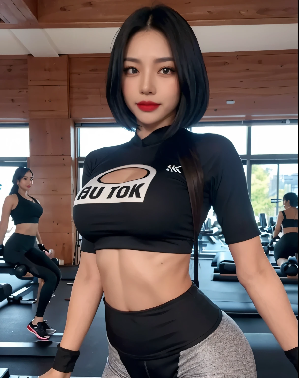 1girl, (Black Eyes), (smile), wide hips, (Big tits), (big ass), (Best Quality, 8k, Masterpiece: 1.3), Clear Focus: 1.2, Perfect Body Beauty: 1.4, strong abs, Highly detailed face and skin texture, detailed eyes, double eyelids, red lips, (black short hair :1.2), (black sports top :1.2), (black shorts leggings :1.2), standing, dynamic pose, in a gym, exercise machines in the background