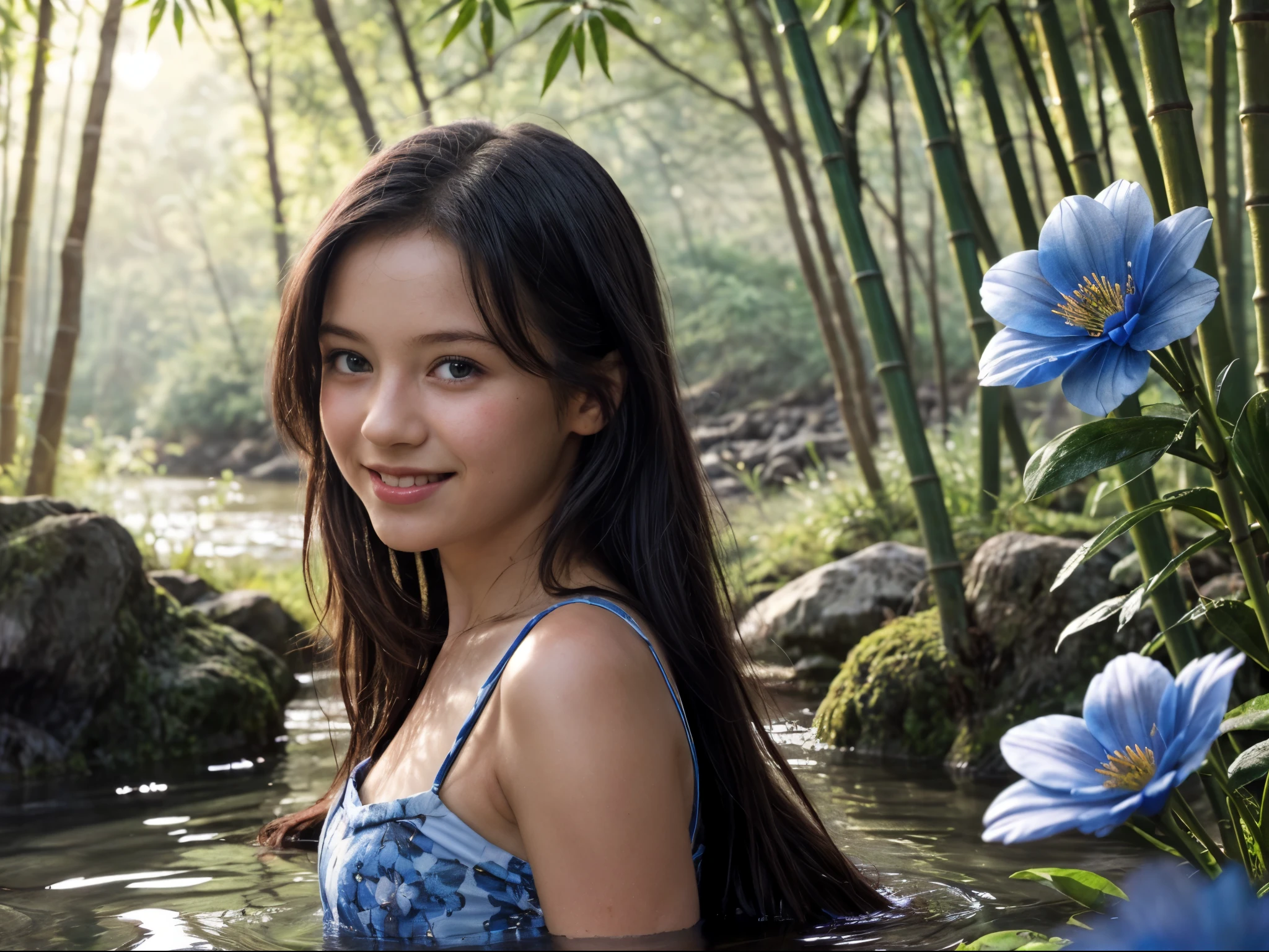 1girl, very wide shot, breathtaking creek with tree surrounding it, detailed face, (evoke a romantic vibes:1.2), smile, long black hair, dappled sunlight, bamboo trees, rocky riverside, mossy, water reflection, sharp focus, (realistic:1.3), masterpiece, ray tracing, ultra realistic, ultra hd, stylish, (blue flowers here and there, blue flower petals on water:1.2), cinematic photography lighting, bush, (****, cute:1.3), (breasts:1.2), 