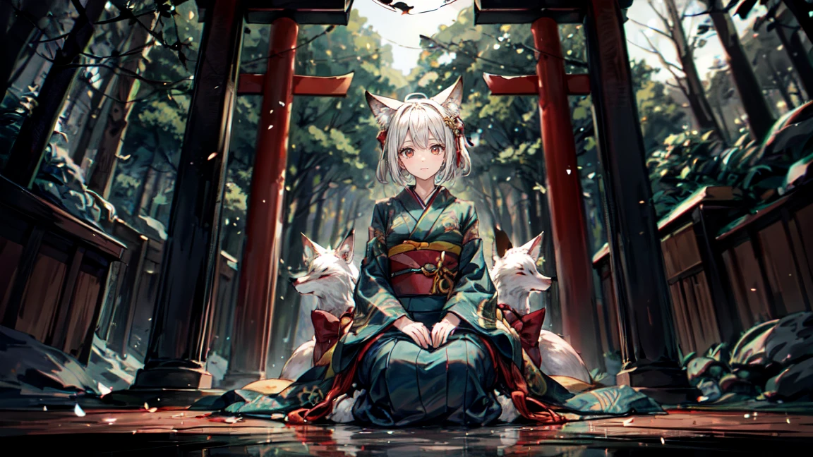 An anthropomorphic fox character with multiple tails, wearing traditional Japanese clothing (kimono), sitting gracefully. The background features a torii gate surrounded by a slightly dark and mystical forest, creating a cinematic atmosphere similar to a movie poster. Use a mix of warm and muted colors to enhance the mysterious and magical feel. Ensure the scene has a sense of depth and detail, with the fox character as the focal point. 