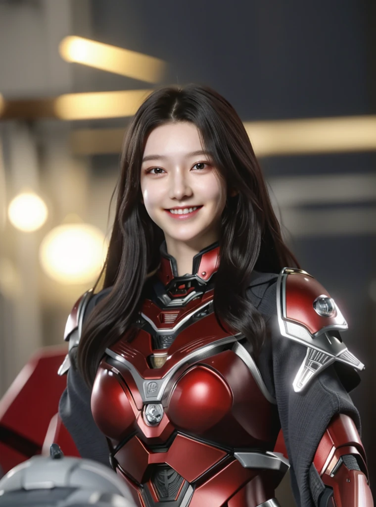 Armoured girl, realistic, long hair, red robotics, smile,