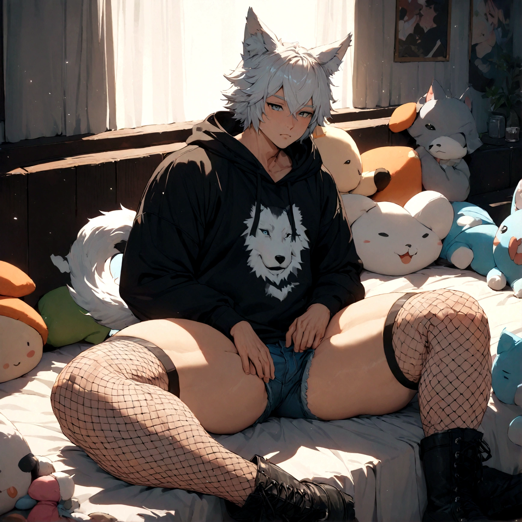 a cute male with wolf ears, white hair, a wolf tail, wearing a loose cropped oversized black hoodie, wearing a pair of denim short shorts and fishnet stockings, has black combat boots on, thick thighs, wide hips, relaxing on bed surrounded by cute plushies, short, 