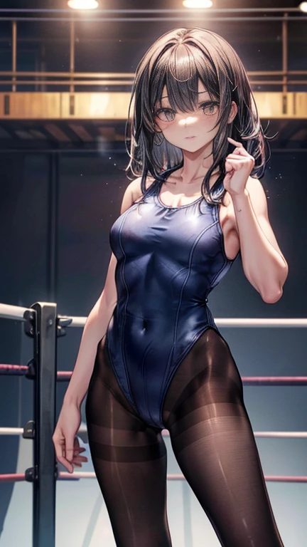 highest quality、complete limbs、full finger、one beautiful woman、black haired woman、straight hair woman、female professional wrestler、((A woman wearing a navy blue one-piece school swimsuit:1.3))、((woman wearing brown pantyhose:1.3))、((Pro wrestling))、fighting stance、A woman fighting a male professional wrestler、big smile、audience