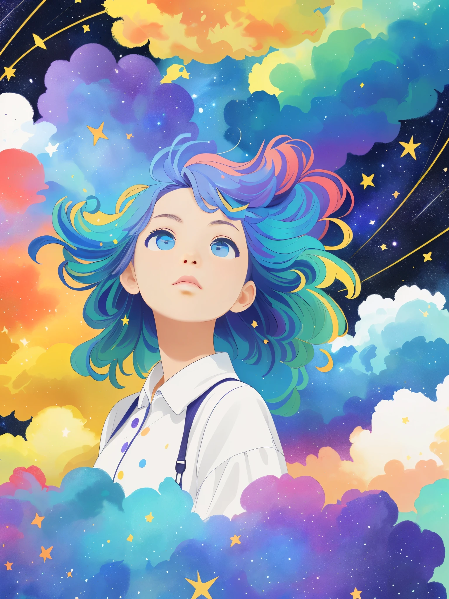 ((masterpiece)), (((best quality))), ((ultra-detailed)), ((illustration)),[realism light effect],shadow,(Fantasy style),(white background:1.6), simple background, (earth theme),(a clothes)[(hair focus,((1girl)),[(big slime hair): (cloud hair):0.3], (hair on background),(high saturation),(hair surrounded by galaxy splashes),)):((her hair is becoming galaxy clouds,:1.27628), (hair and clothes is galaxy clouds and cluster of stars:1.1025),(a clothes is becoming galaxy clouds)(colorful_galaxy_print_clusters_of_stars_print:1.35),((detailed starry sky with colorful galaxy and galaxy clouds):1.2)):0.35], (((masterpiece))),(((best quality))),((ultra-detailed)),(illustration),(dynamic angle),((floating)),(paint),((disheveled hair)),((beautiful detailed face)),collar,bare shoulders, ((colorful hair)),((streaked hair)),beautiful detailed eyes,(Gradient color eyes),(((colorful eyes))),(((colorful background))),(((high saturation))),(((surrounded by colorful splashes))),(((surrounded by colorful dot))),colorful bubble,((shining)),