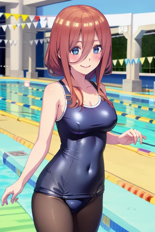 best quality, masterpiece, high quality, insanely detailed, miku nakano, one-piece swimsuit, breasts, pantyhose, blush, smile, (school poolside:1.3)