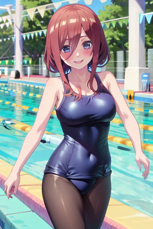 best quality, masterpiece, high quality, insanely detailed, miku nakano, one-piece swimsuit, breasts, pantyhose, blush, smile, (school poolside:1.3)