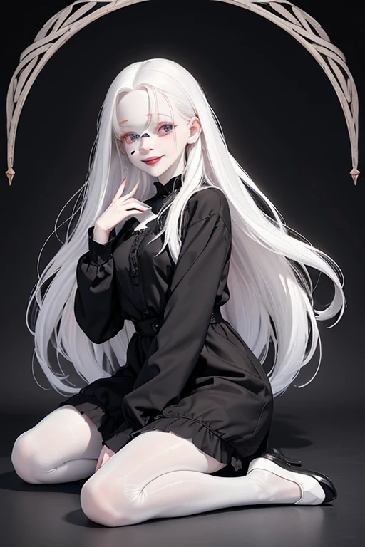 (black clothing), Cute 18 yo (albino:1.4)woman of Slavic descent.(short:1.1), , long white hair, gray eyes, ((very pale:1.4)). Innocent look. Gentle spirit.(virgin), (joy:1.2),(smile:1.3). (Playful:1.2). Mascara, eyeglasses, red lipstick,  dress, (black pantyhose), pumps.