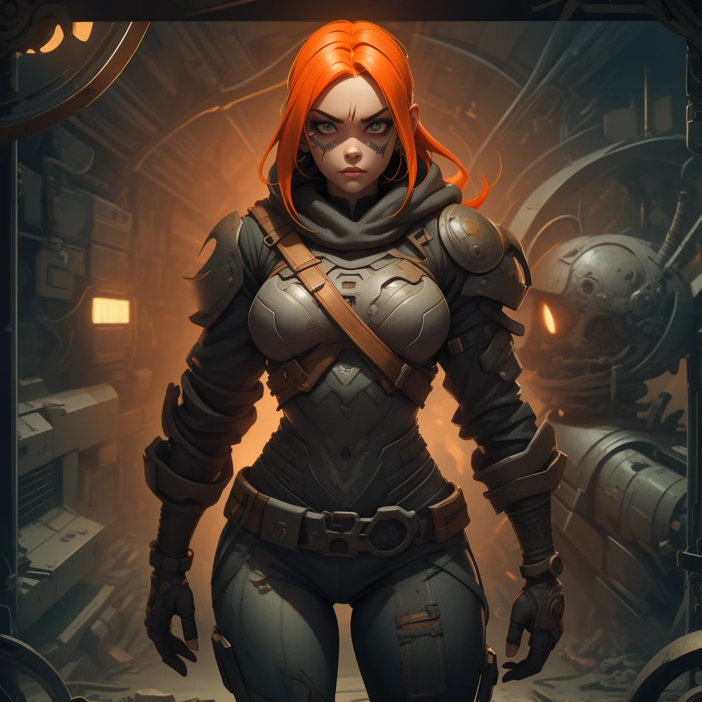 A highly detailed and realistic skull girl,( Anya. Taylor Joy) cyberpunk character, mad max furiosa, one hand robot, cyborg arm, orange hair, dramatic metal heavy rock theme, best quality, 8k, hyperrealistic, photorealistic, extreme detailed painting, studio lighting, vivid colors, dark moody atmosphere, cinematic, dramatic pose, intricate mechanical details, glowing energy effects, intense gritty textures, seamless integration of organic and inorganic elements. Wearing the used clothes of a wastelander. Background: An apocalyptic wasteland. Dusty and depressing., sexy pose, walking