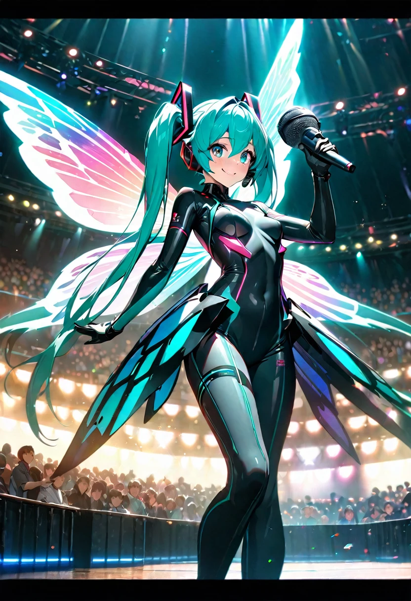 a cute hatsune miku girl, beautiful detailed eyes, beautiful detailed lips, extremely detailed face and features, wearing a cyber-costume with fantastic color butterfly wings on her back, flying in the air with wings, smiling and waving to the audience, holding a microphone in hand, in a dark live hall with the audience's psyllium, fantastic lighting in the live hall,View from the audience seats, (best quality,4k,8k,highres,masterpiece:1.2),ultra-detailed,,HDR,UHD,studio lighting,ultra-fine painting,sharp focus,physically-based rendering,extreme detail description,professional,vivid colors,bokeh,anime,sakura,colorful