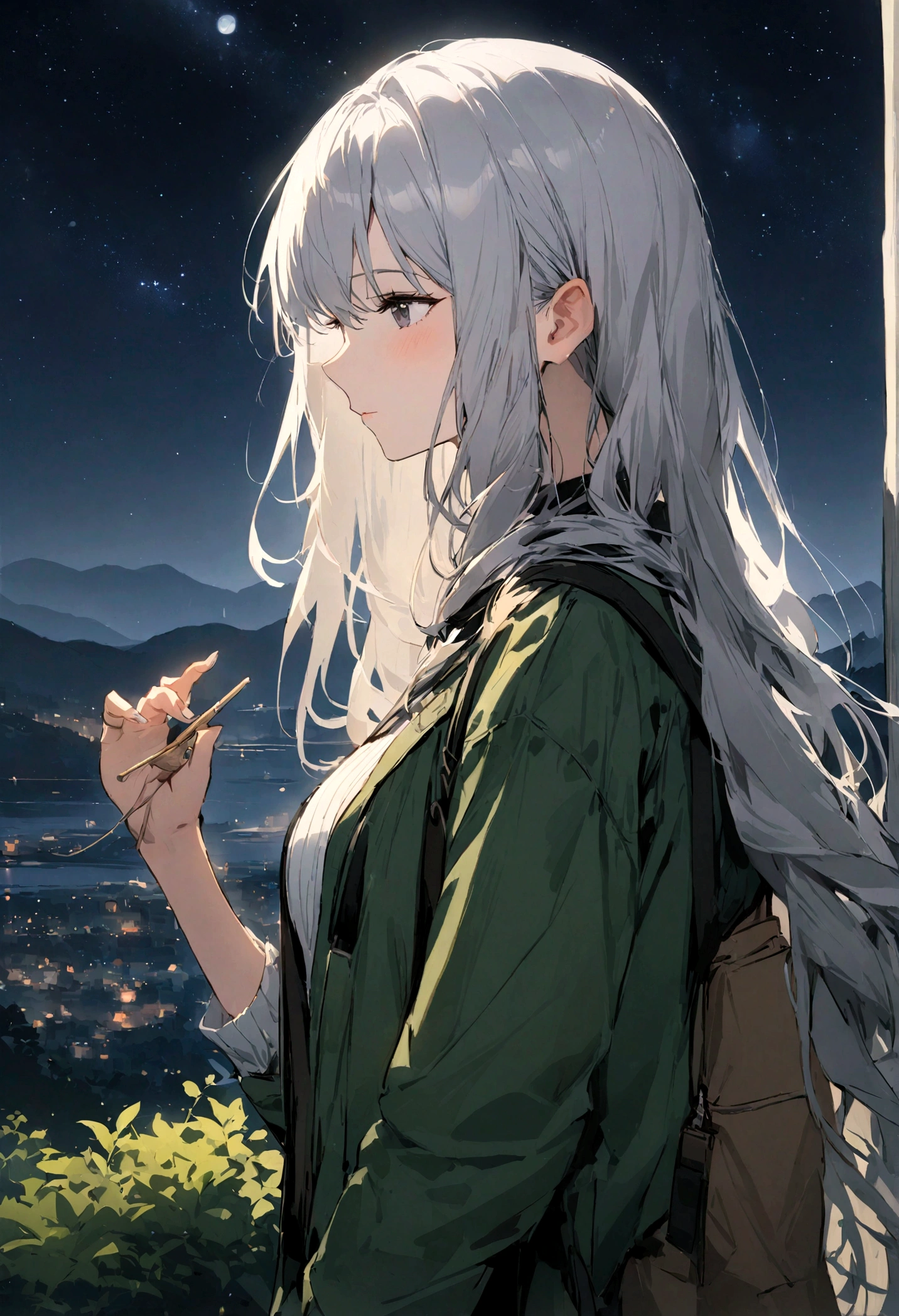 highest quality、masterpiece、Spectacular views、night、One Girl（Far away）、In nature、Traveling Girl、Gray Hair、Long Hair、