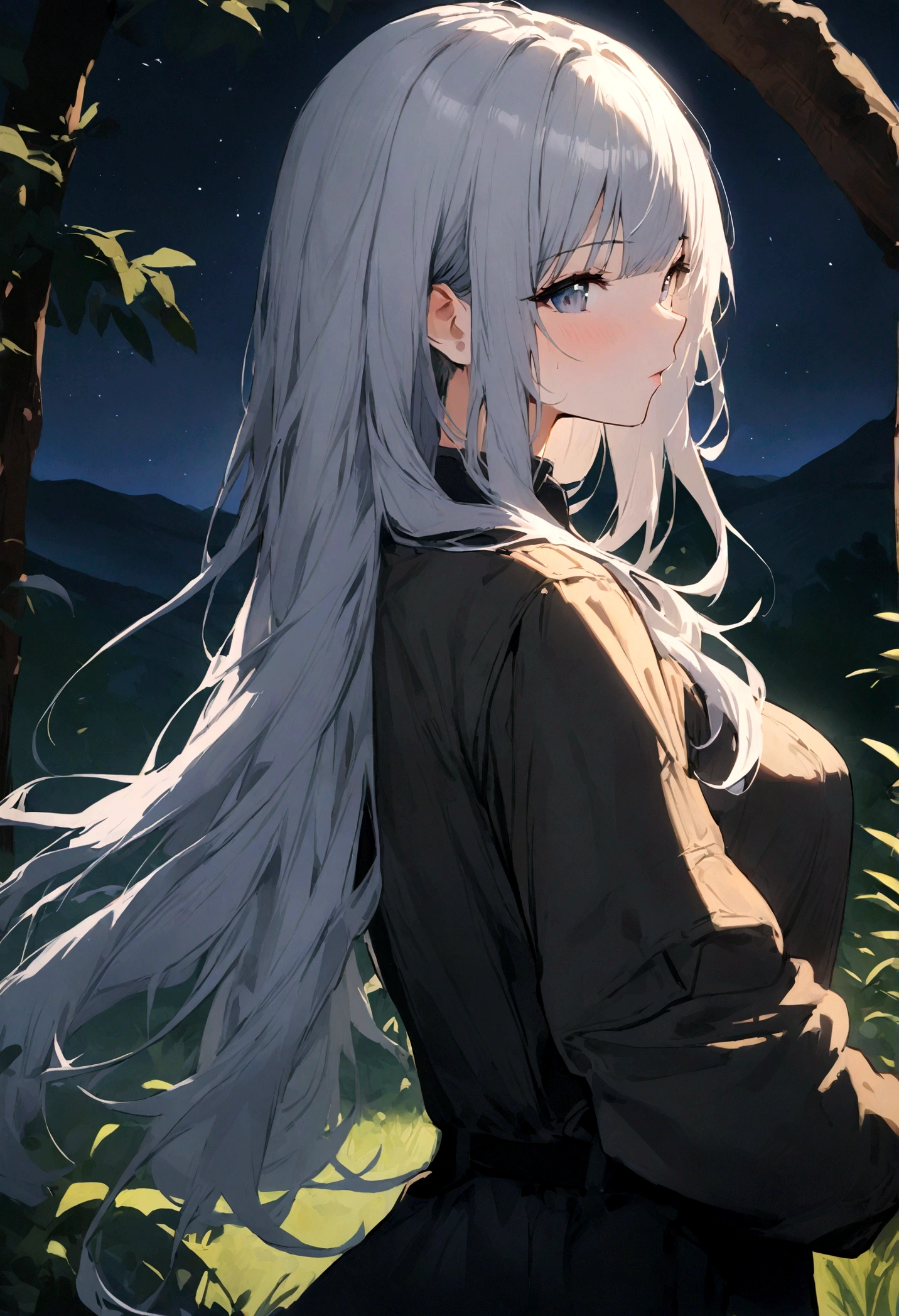 highest quality、masterpiece、Spectacular views、night、One Girl（Far away）、In nature、Traveling Girl、Gray Hair、Long Hair、