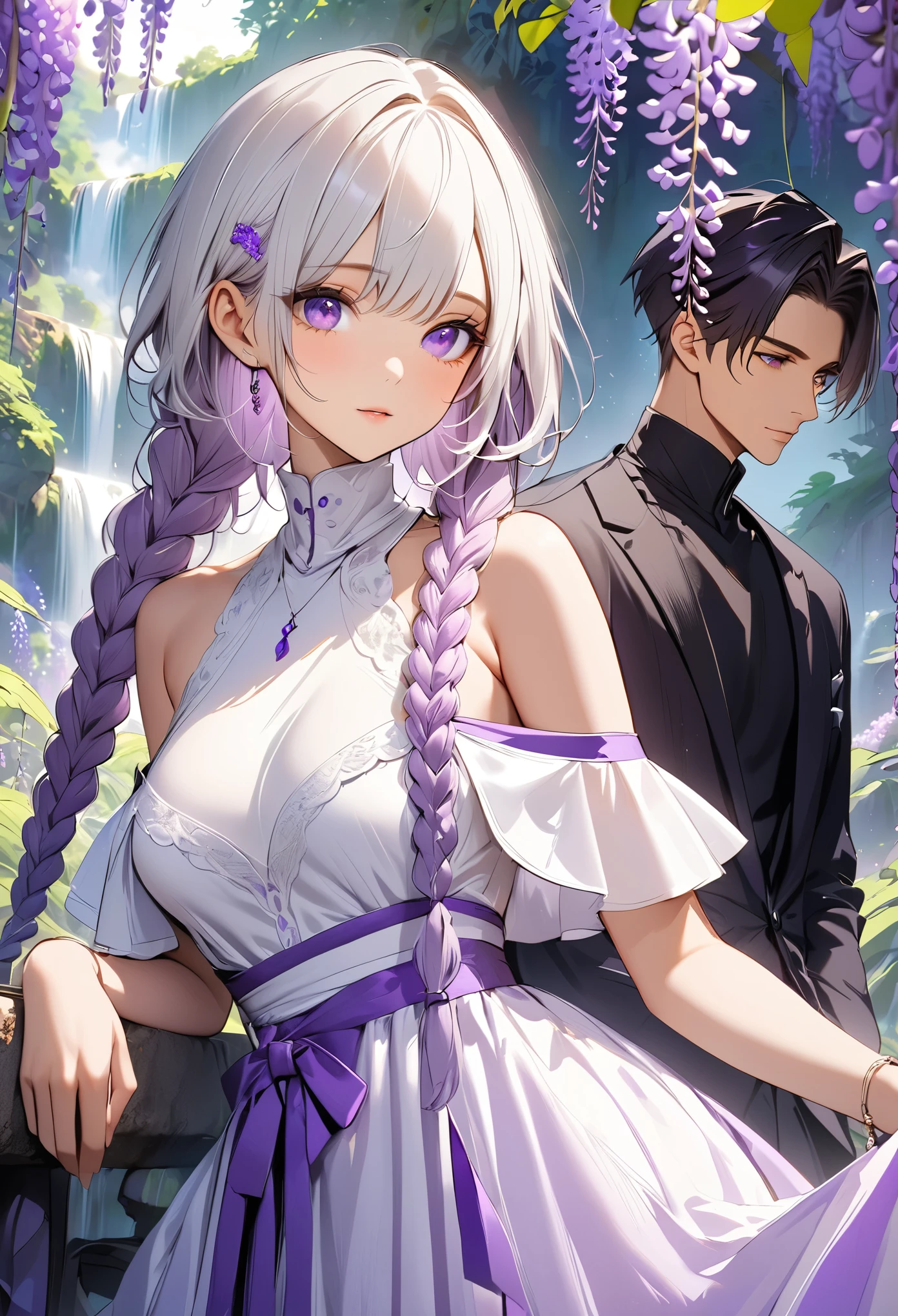 (masterpiece, best quality:1.2), handsome boy and beautiful girl，Purple Eyes，White hair - two long purple braids，High Neck Off Shoulder Dress，Purple lavender，Wisteria Luo Waterfall，Fluorescent purple and fluorescent green
