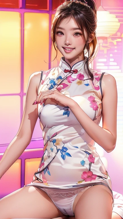(highest quality、8k、masterpiece、White panties、Hmph:1.2)、19-year-old slender beauty,Flashy makeup using red eyeshadow,Open your mouth wide、Yōho、double eyelid,Delicate medium cut ponytail,squat、Spread your legs, show White panties,White pantiesがはっきりと見えてる、Sexy Chinese dress and silk mini skirt,The best smile,She is wearing a sexy short colorful cheongsam。。,Cheongsam with deep slit,Draw hands correctly,The background is the bright interior of a Chinese restaurant...,(highest quality、8k、masterpiece、White panties、Hmph:1.2)、19-year-old slender beauty, Flashy makeup using red eyeshadow, Open your mouth wide、Yōho、double eyelid, Delicate medium cut ponytail, squat、Spread your legs, show white panties, Her white panties are clearly visible、Sexy Chinese dress and silk mini skirt, The best smile, She is wearing a sexy short colorful cheongsam。。, Cheongsam with deep slit, Draw hands correctly, The background is the bright interior of a Chinese restaurant...