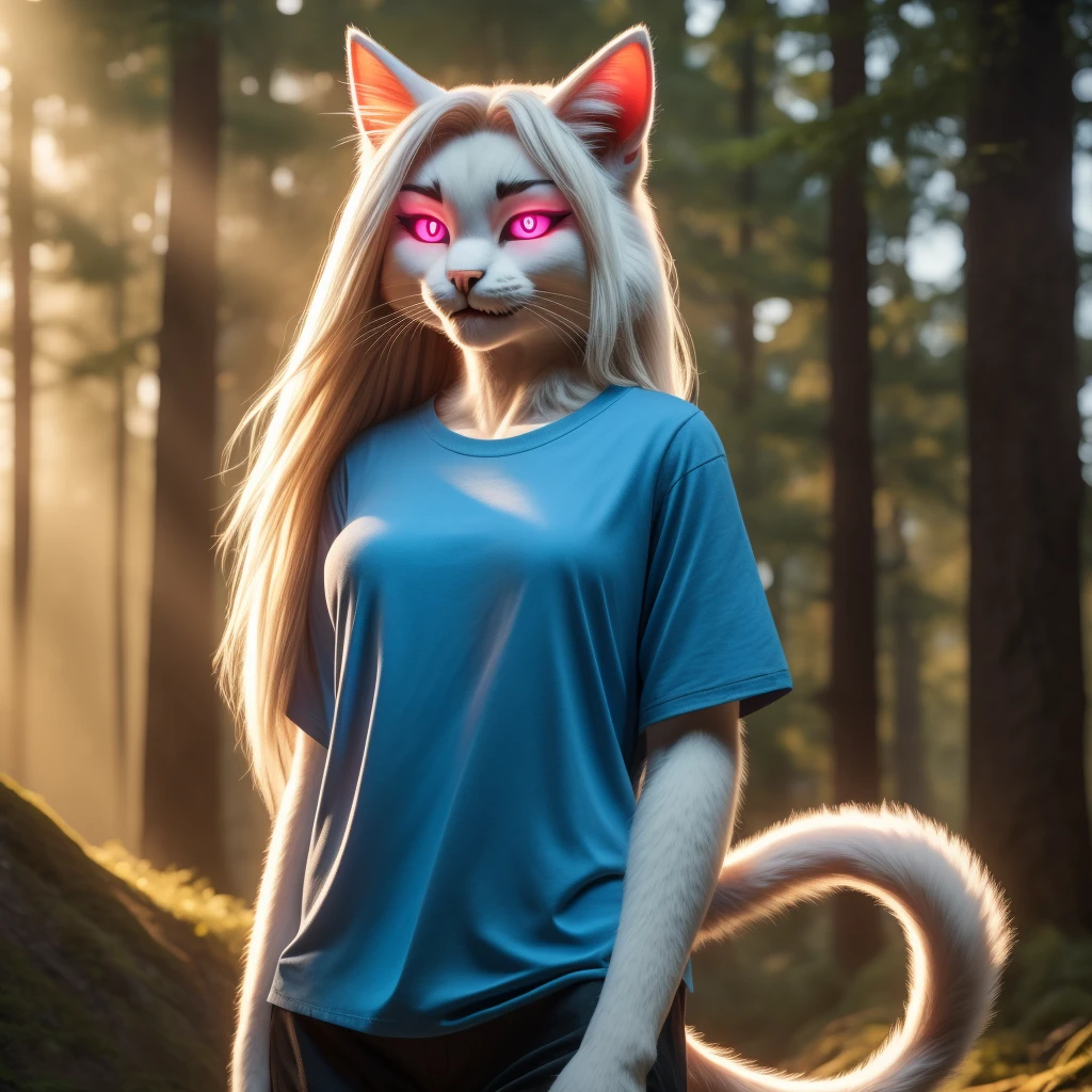 Posing, Female, 30 years old, cute, eyeliner, long hair, biting lip smile, blue shirt, bedroom eyes, anthro, cat ears, (white fur:1.5), baggy shirt, cat, forest background, 8k, hi res, (best quality, masterpiece), red glowing eyes, (cat tail:1.5), detailed fur
