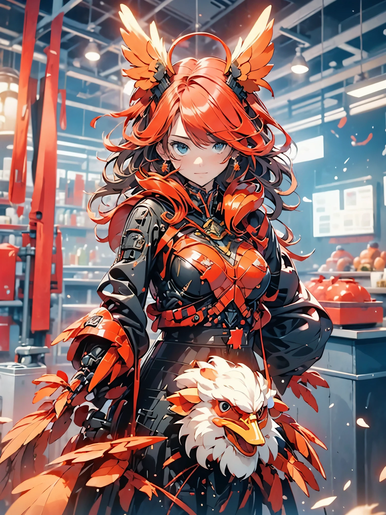 tema vermelho, phoenix lock, head of a rooster head of a chicken, mechanical wings, ciberpunk, melhor qualidade, Obra de arte, unmanned, corpo todo, Mechanical Wonder, forte, lua, cidade arruinada, arte digital da mais alta qualidade, Arte impressionante, papel de parede 4k, altamente detalhado, military robot, army, zona de guerra, dynamic lighting, Filme, epic, damaged mechanical parts