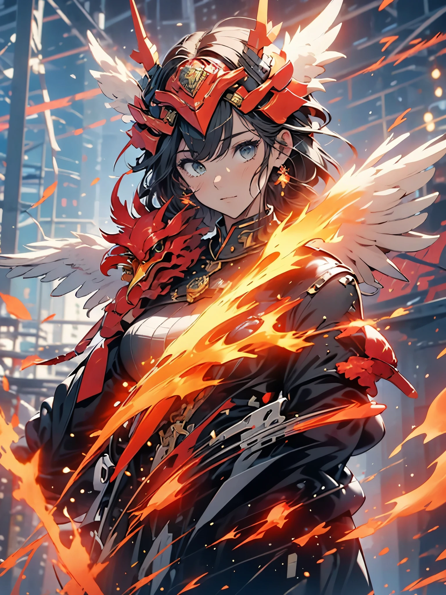 tema vermelho, phoenix lock, head of a rooster head of a chicken, mechanical wings, ciberpunk, melhor qualidade, Obra de arte, unmanned, corpo todo, Mechanical Wonder, forte, lua, cidade arruinada, arte digital da mais alta qualidade, Arte impressionante, papel de parede 4k, altamente detalhado, military robot, army, zona de guerra, dynamic lighting, Filme, epic, damaged mechanical parts
