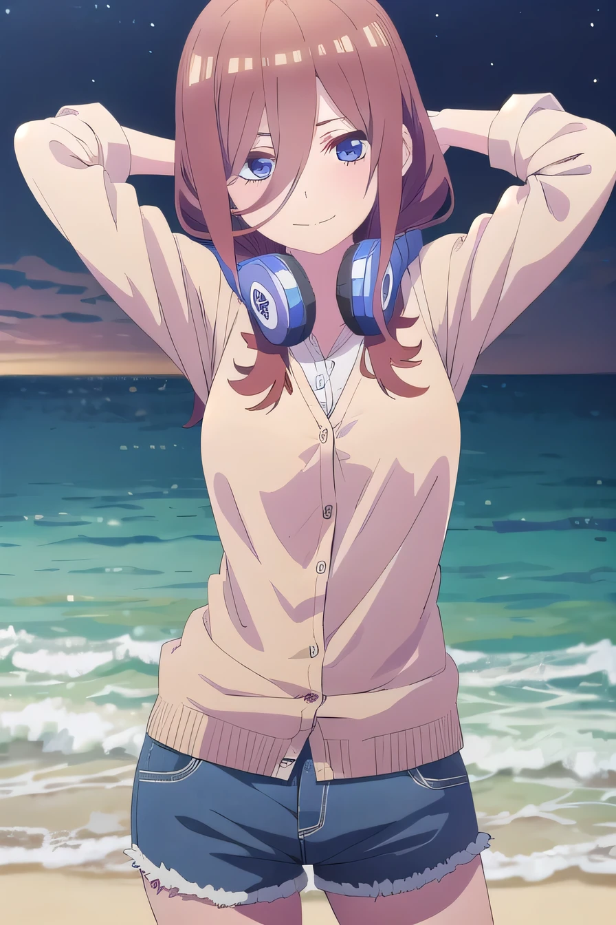 solo, 1girl, looking at viewer, 2D, anime, anime coloring, miku nakano, cardigan, blue shorts, headphones around neck, solo, night sky, beach, arms behind head, contrapposto, closed mouth, (cowboy shot:1.5), looking at viewer, smile, shaking hips,