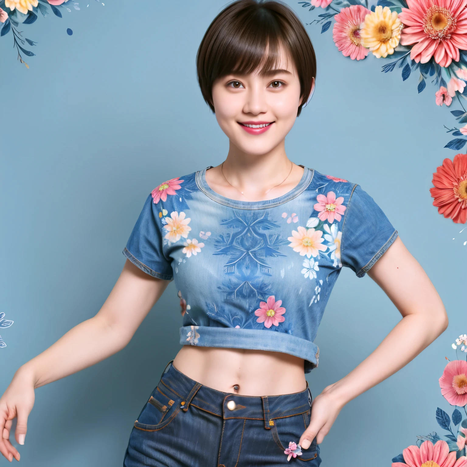 238 18-year-old female, short hair, (Jeans andＴ-shirt), A kind smile, lipstick, Abdominal muscles, (Floral Background、Fractal Patterns)