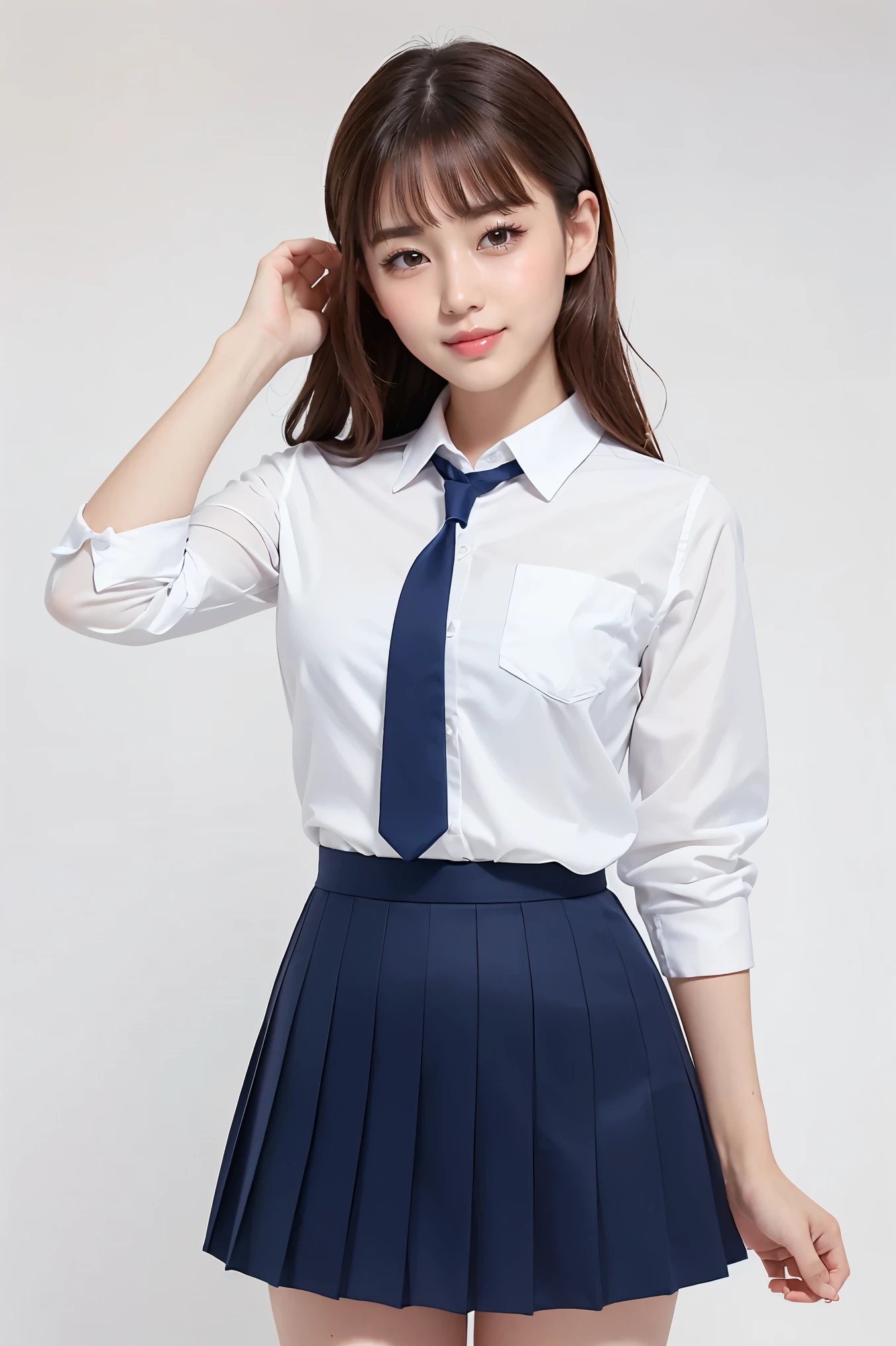 (highest quality、Tabletop、8k、Best image quality、Award-winning works)、Cute school girl、(White polyester collared shirt:1.1)、(Navy Pleated Skirt:1.1)、Girl portrait photography、Glowing Skin、Brown Hair、Standing Elegantly、(The simplest pure white background:1.1)、(Big Breasts:1.1)、(Accentuate your body lines:1.1)、Slightly pregnant