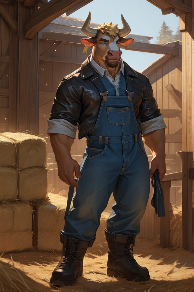 handsome male, cow, two pointy horns, cattle ear tag, heavy muscular build, light brown short messy fringe, ((best quality)), ((masterpiece)), (detailed), perfect face, blonde fur, blue eyes, good detailed eyes , leather jacket, mischievous, realistic, barn background, bale of hay, tan overalls, large working boots