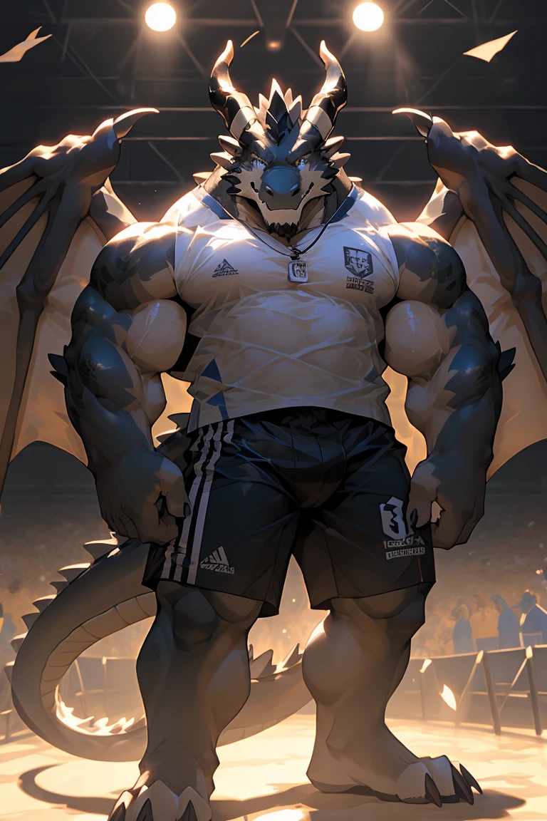 anthropology(Western Dragon), Solitary,Black Dragon, Light,Longhorn,Double Horn,Thin clothes, male, Tops, muscular, Bodybuilding运动员,Burly,muscular anthropology(Western Dragon), Sports shirts,blue eyes, dark skin,Bodybuilding,muscular male, Black body, Eyes look at the audience, Empty, Bottoms,shorts,Detailed background, Reality, Realistic hands, 8k HD, Extreme details, (Dark Shadows, Wide dynamic range, HDR, Low light:1.2), author:kusunagi,From furaffinity,author:null-ghost ,author:oldshep,From furaffinity