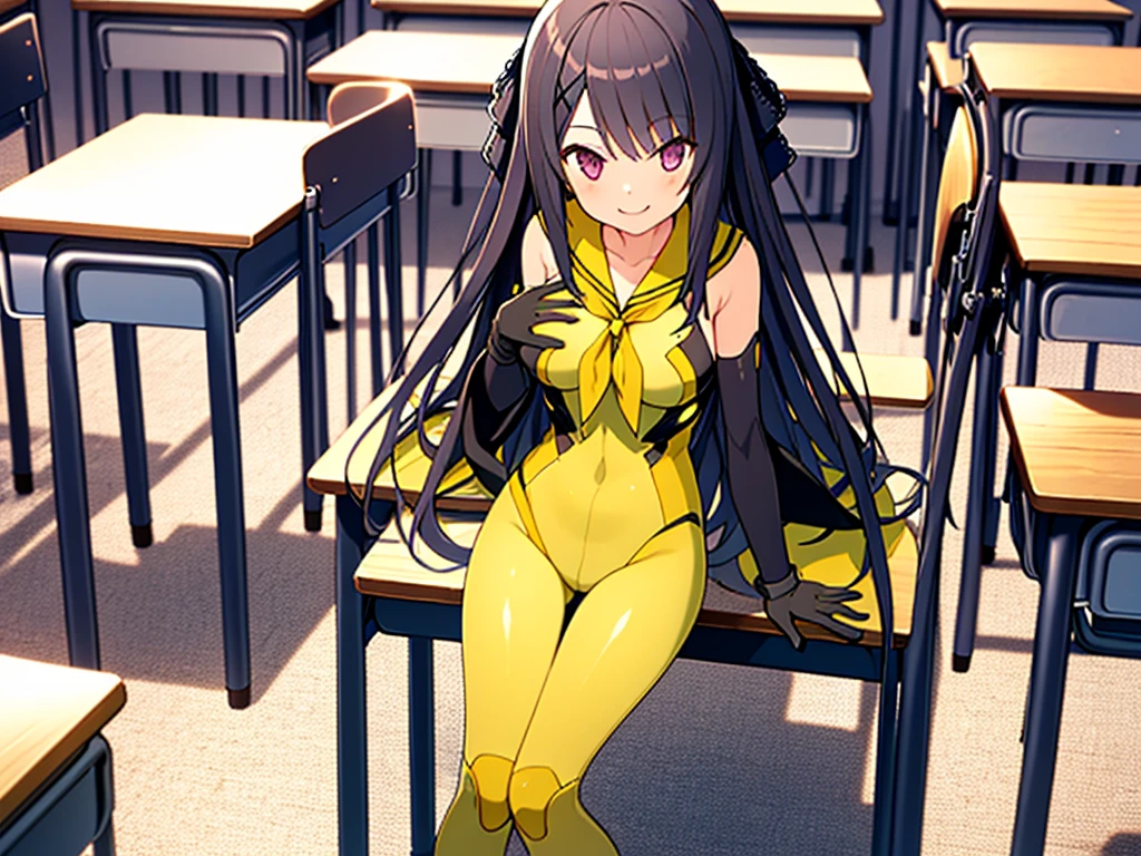 (full body),masterpiece, highest quality, High resolution, 体に張り付く全身Bodysuits，misakiao, One Girl, alone, Hair Ribbon, Bodysuits, gloves, Removable sleeves, Wide sleeves, One Girl, alone, Cowboy Shot,Sitting in a chair, classroom,  Place your hands on the table,sit，smile, Place your elbows on the desk，