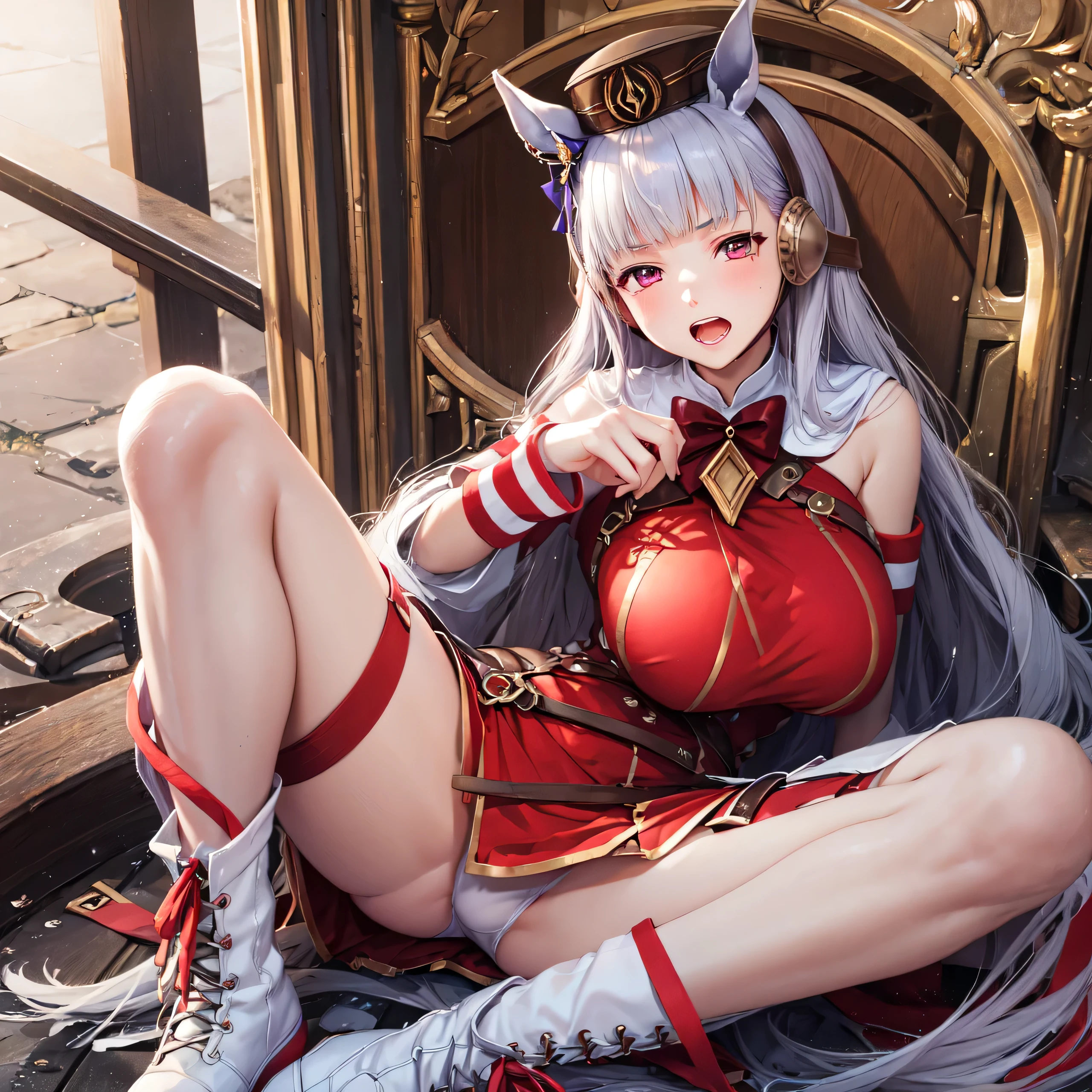 (masterpiece, highest quality:1.2), alone, One girl, umpd gold ship, pillbox hat, Red dress,No sleeve, White hose, boots, Horse tail, blush、Grassland background、(Huge breas、Close your eyes and scream、Spread your legs、Leg spread、See-through underwear、Underwear that gets wet、Thick white love juice、Drip a large amount of love juice、Masturbationn behavior、Cle-through