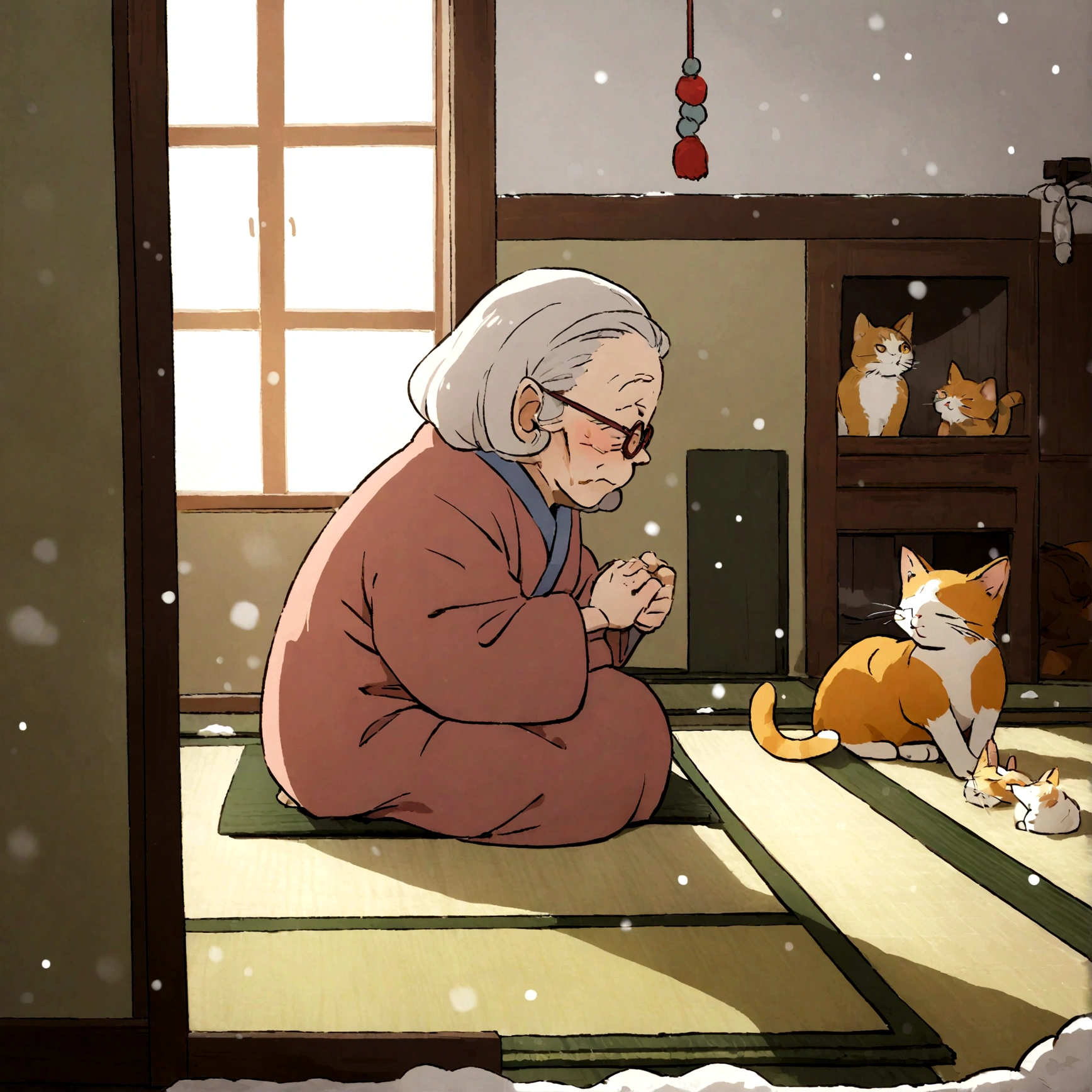 Old woman dozing with glasses on, Japanese tatami mats and hearth, Cats, Japanese cartoon style, , Snow outside window.