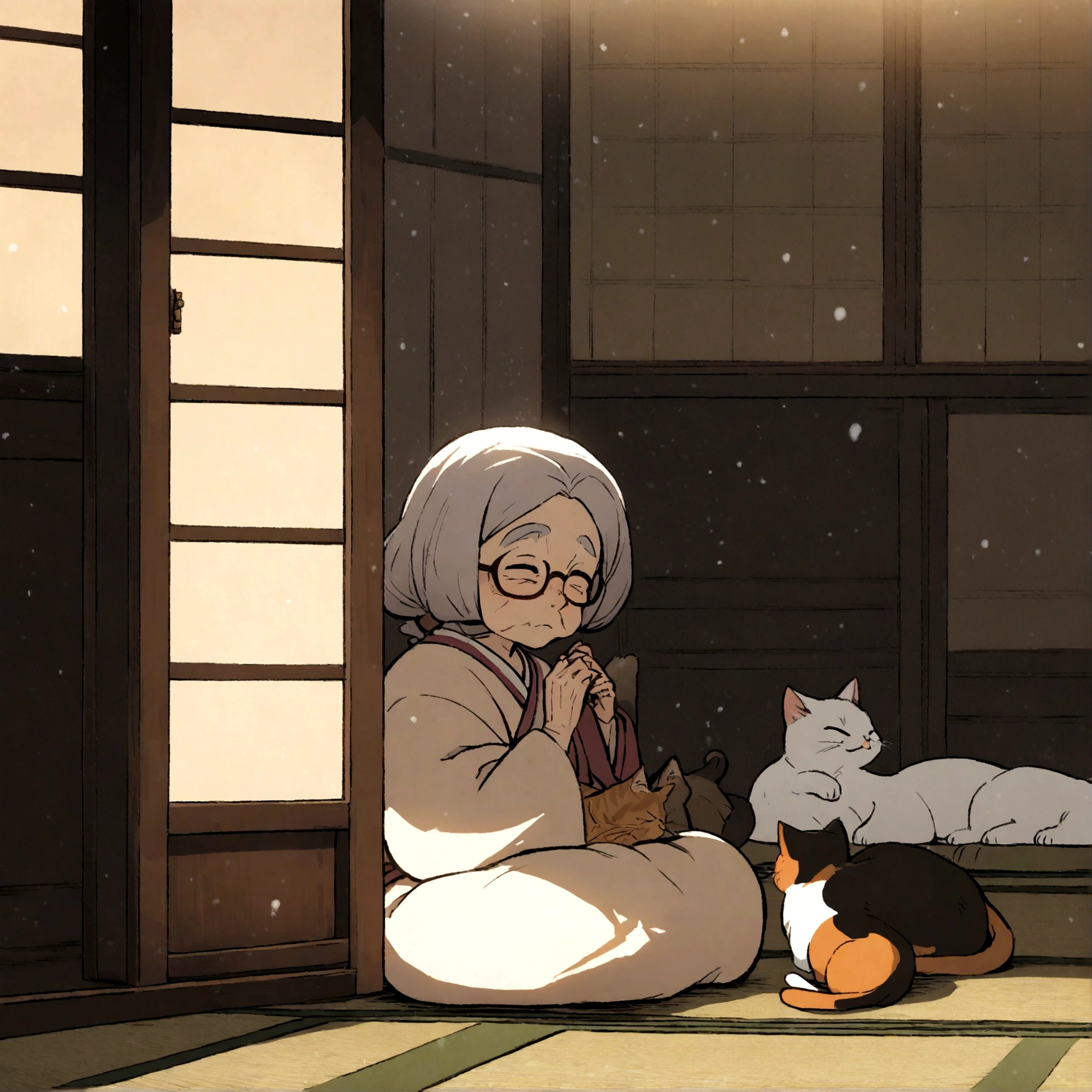 Old woman dozing with glasses on, Japanese tatami mats and hearth, Cats, Japanese cartoon style, , Snow outside window.