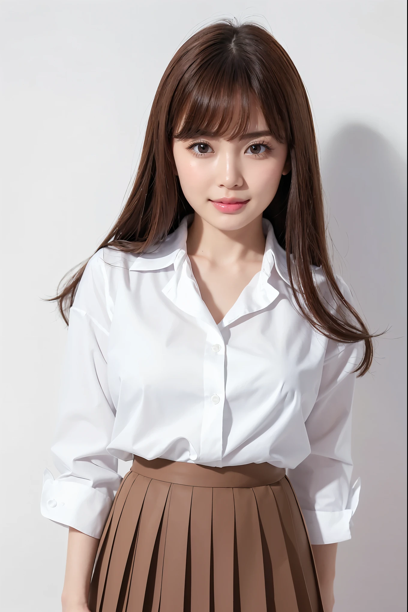 (highest quality、Tabletop、8k、Best image quality、Award-winning works)、Cute school girl、(White polyester collared shirt:1.1)、(Navy Pleated Skirt:1.1)、Girl portrait photography、Glowing Skin、Brown Hair、Are standing、Sculptural installation、(The simplest pure white background:1.1)、(Big Breasts:1.1)、(Accentuate your body lines:1.1)