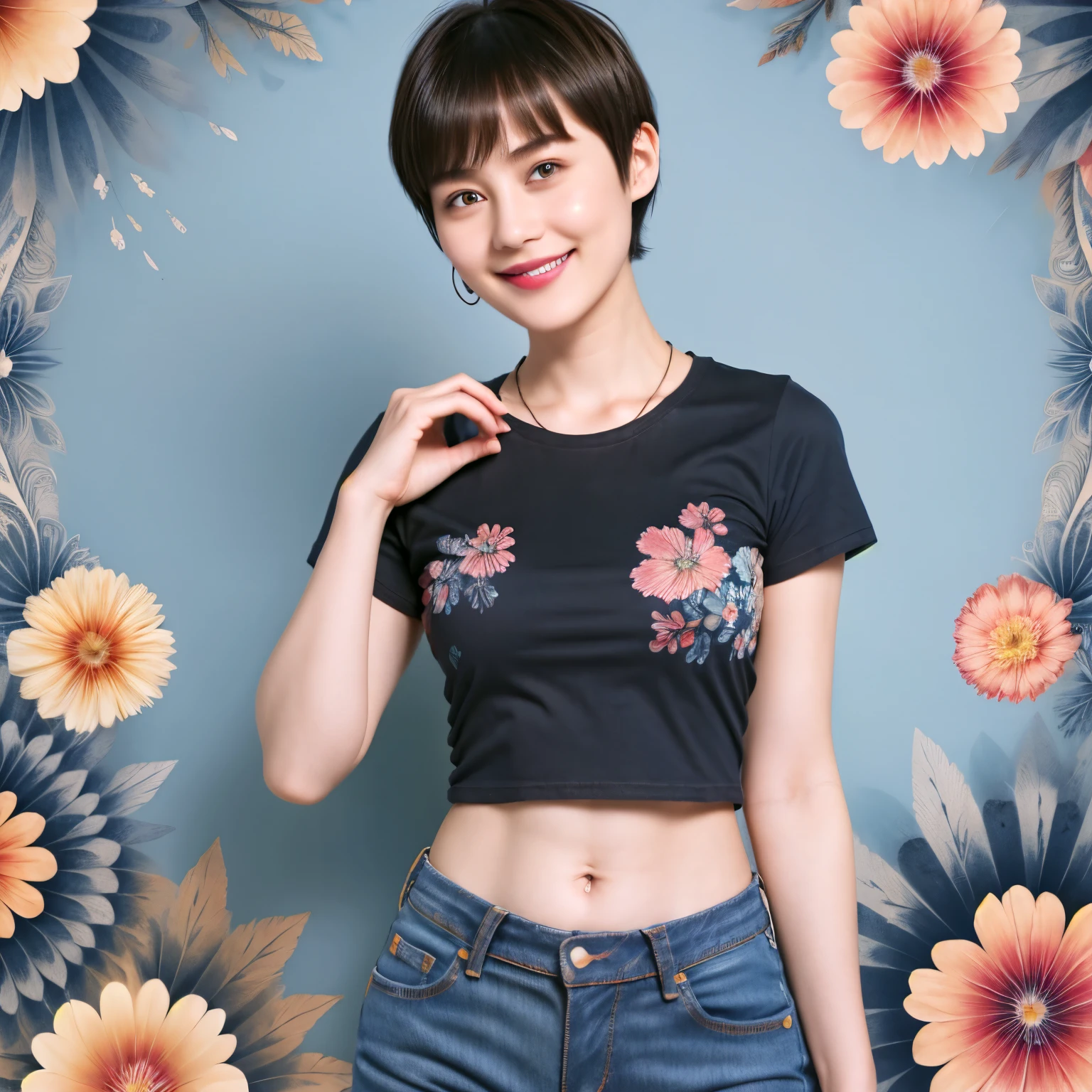 238 18-year-old female, short hair, (Jeans andT-shirt), A kind smile, lipstick, Abdominal muscles, (Floral Background、Fractal Patterns)
