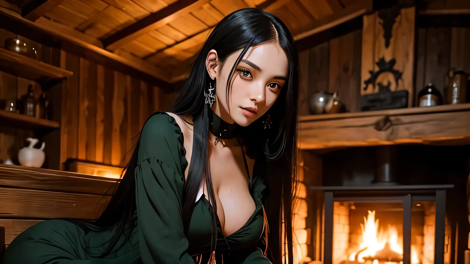 Gothic woman, long black hair, dreadlocks, intense red eyes, slight smile, beautiful and defined body, tan skin, inside a wooden house in front of the fireplace. She is wearing a sexy green dress.