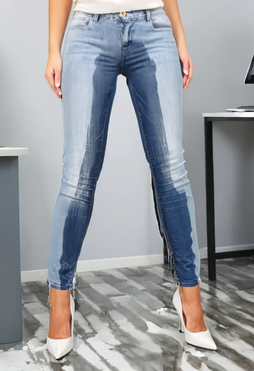 attractive blonde woman wearing skinny jeans, high heel pumps, white blouse, standing in an office,  wetting, big smile, pee stains are gleaming wet