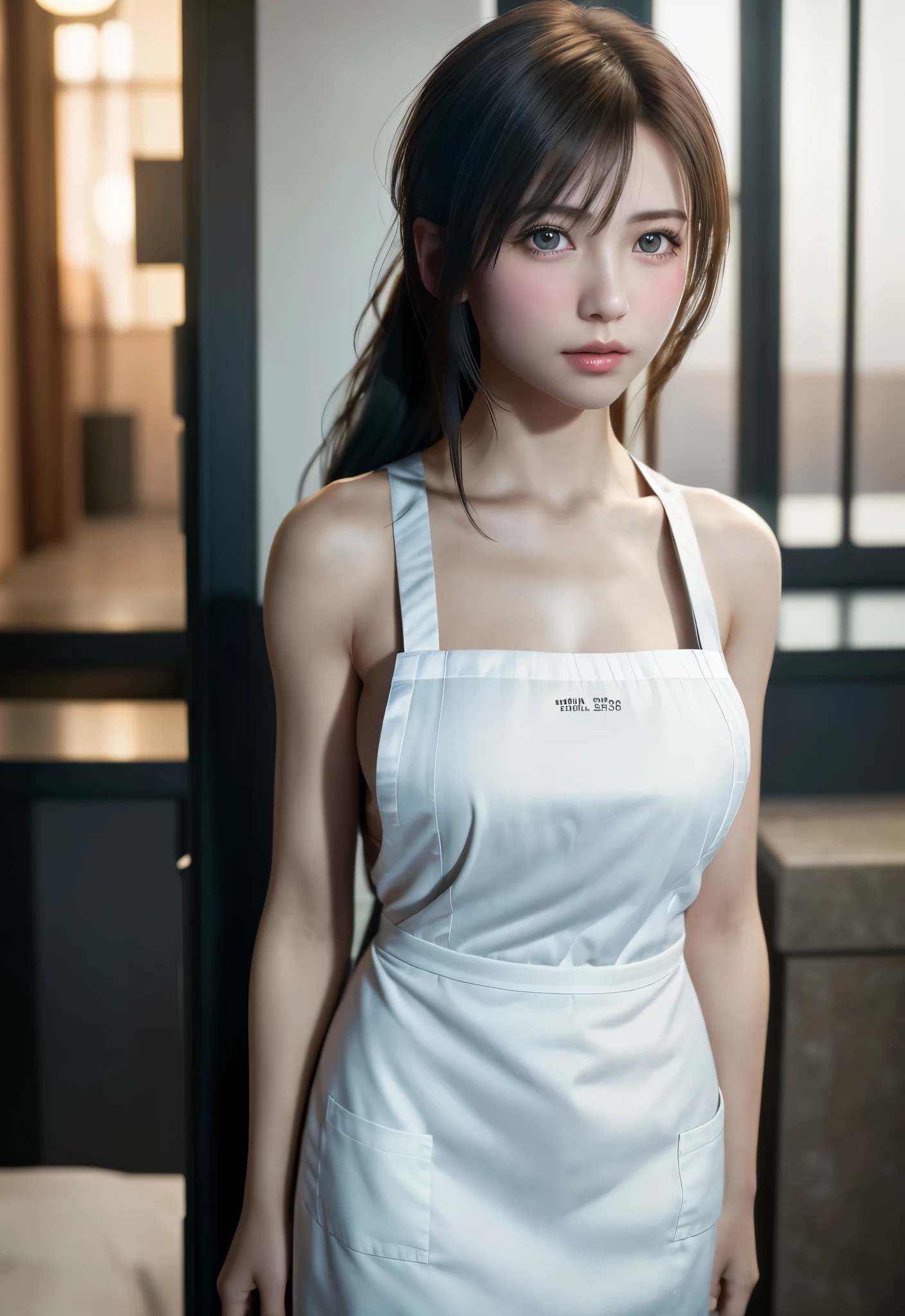 8K, of the highest quality, masutepiece:1.2), (Realistic, Photorealsitic:1.37), of the highest quality, masutepiece, Beautiful young woman, Pensive expression, Gentle eyes, Apron naked、full of shyness、Hair tied back, Messy mood, Cinematic background,  Light skin tone