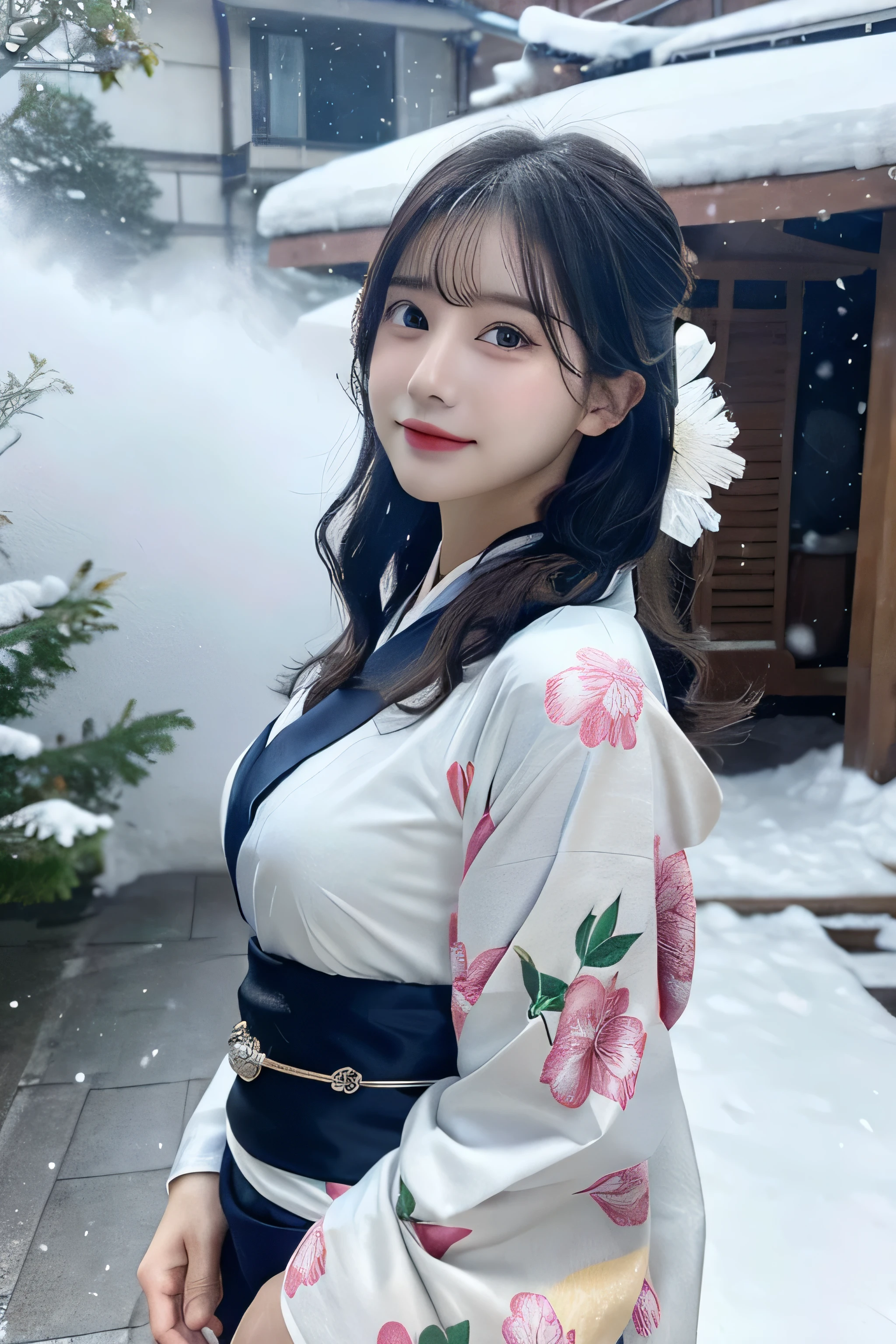 (Kawaii Kimono:1.3)、、(top-quality,​masterpiece:1.3,超A high resolution,),(ultra-detailliert,Caustics),(Photorealsitic:1.4,RAW shooting,)Ultra-realistic capture,A highly detailed,high-definition16Kfor human skin、 Skin texture is natural、、The skin looks healthy with an even tone、 Use natural light and color,One Woman,japanes,,kawaii,A dark-haired,Middle hair,(depth of fields、chromatic abberation、、Wide range of lighting、Natural Shading、)、、(Falling snow:1.3)、(Hair swaying in the wind:1.3)、(Snow reflects light:1.3)  、(Large Breasts:1.3)、