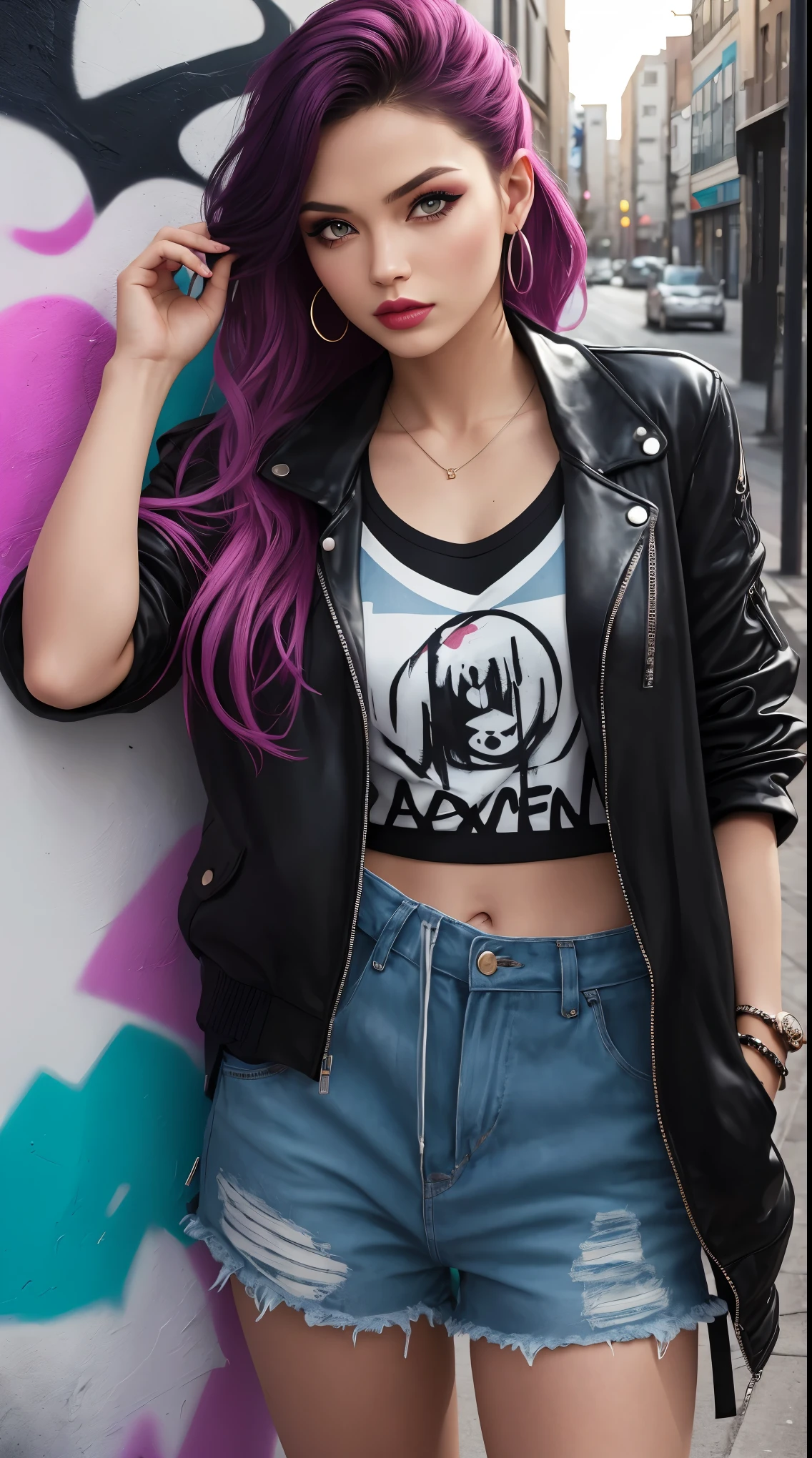 A rebellious girl with a stylish street fashion style, featuring a sultry look and a smoky eye makeup. The background is a graffiti wall, showcasing a dynamic pose in a colorful photograph. (best quality,4k,8k,highres,masterpiece:1.2),ultra-detailed,(realistic,photorealistic,photo-realistic:1.37),street photography,vivid colors,urban fashion,portraits,fashion model