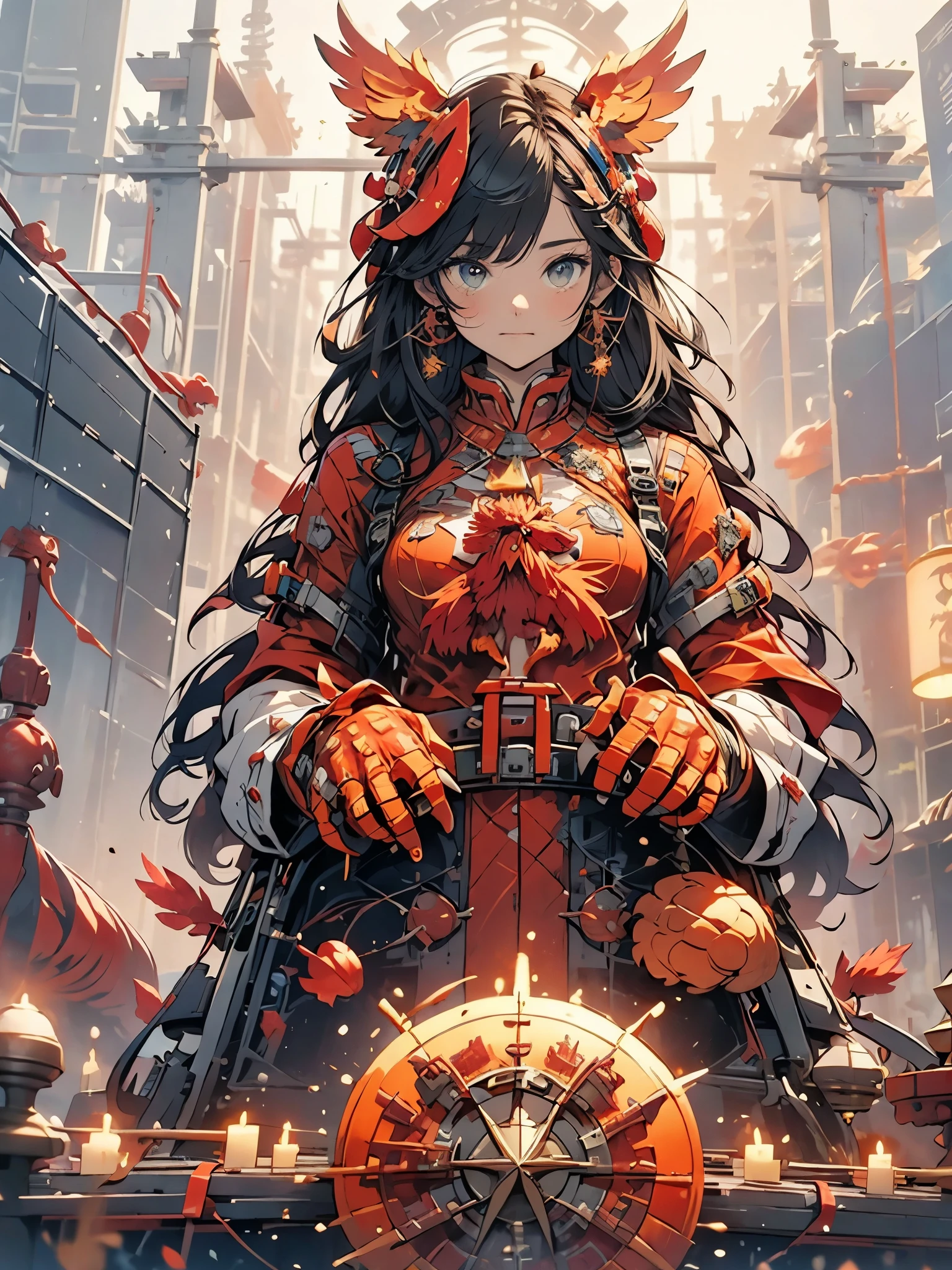 tema vermelho, phoenix lock, head of a rooster head of a chicken, mechanical wings, ciberpunk, melhor qualidade, Obra de arte, unmanned, corpo todo, Mechanical Wonder, forte, lua, cidade arruinada, arte digital da mais alta qualidade, Arte impressionante, papel de parede 4k, altamente detalhado, military robot, army, zona de guerra, dynamic lighting, Filme, epic, damaged mechanical parts
