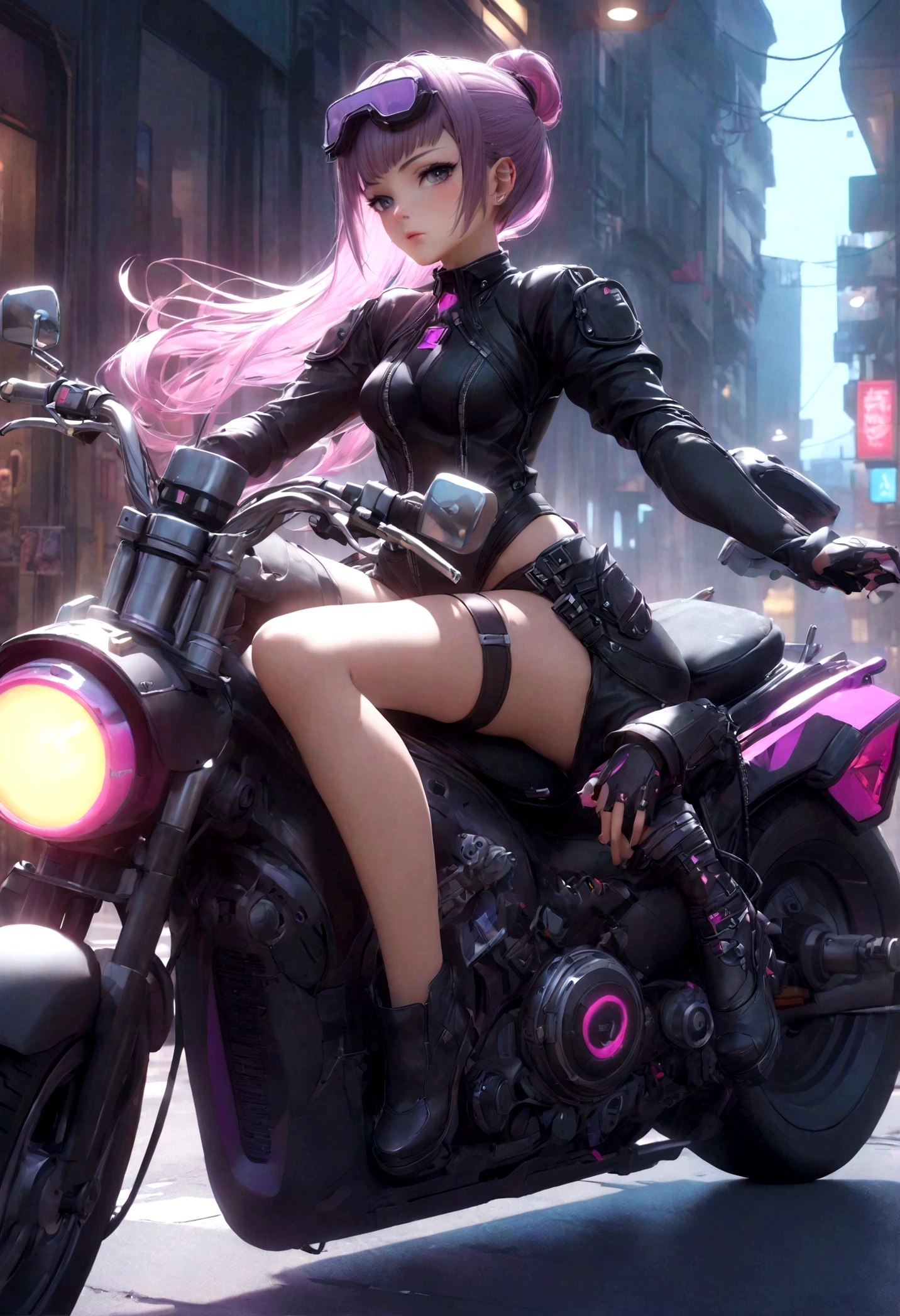「((top-quality)), ((Best Retail)), (High level of detail: 1.3),。.。.。.3D、Beautiful fece（cyber punk perssonage: 1.3）Hacker woman、Female spy、riding a motorcycle