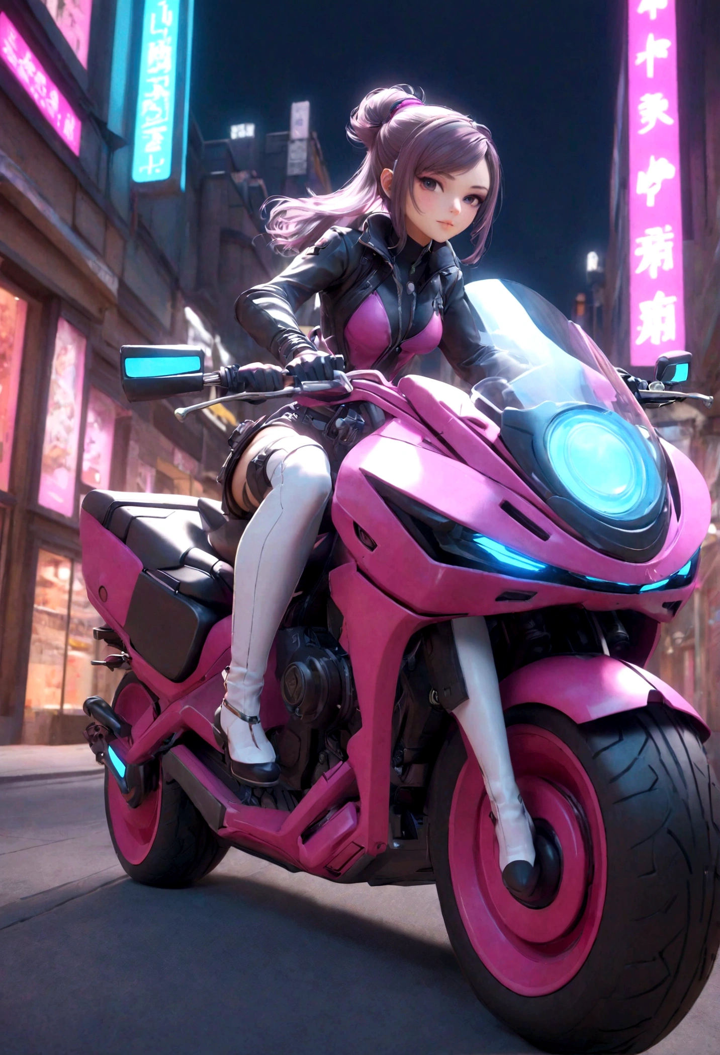 「((top-quality)), ((Best Retail)), (High level of detail: 1.3),。.。.。.3D、Beautiful fece（cyber punk perssonage: 1.3）Hacker woman、Female spy、riding a motorcycle