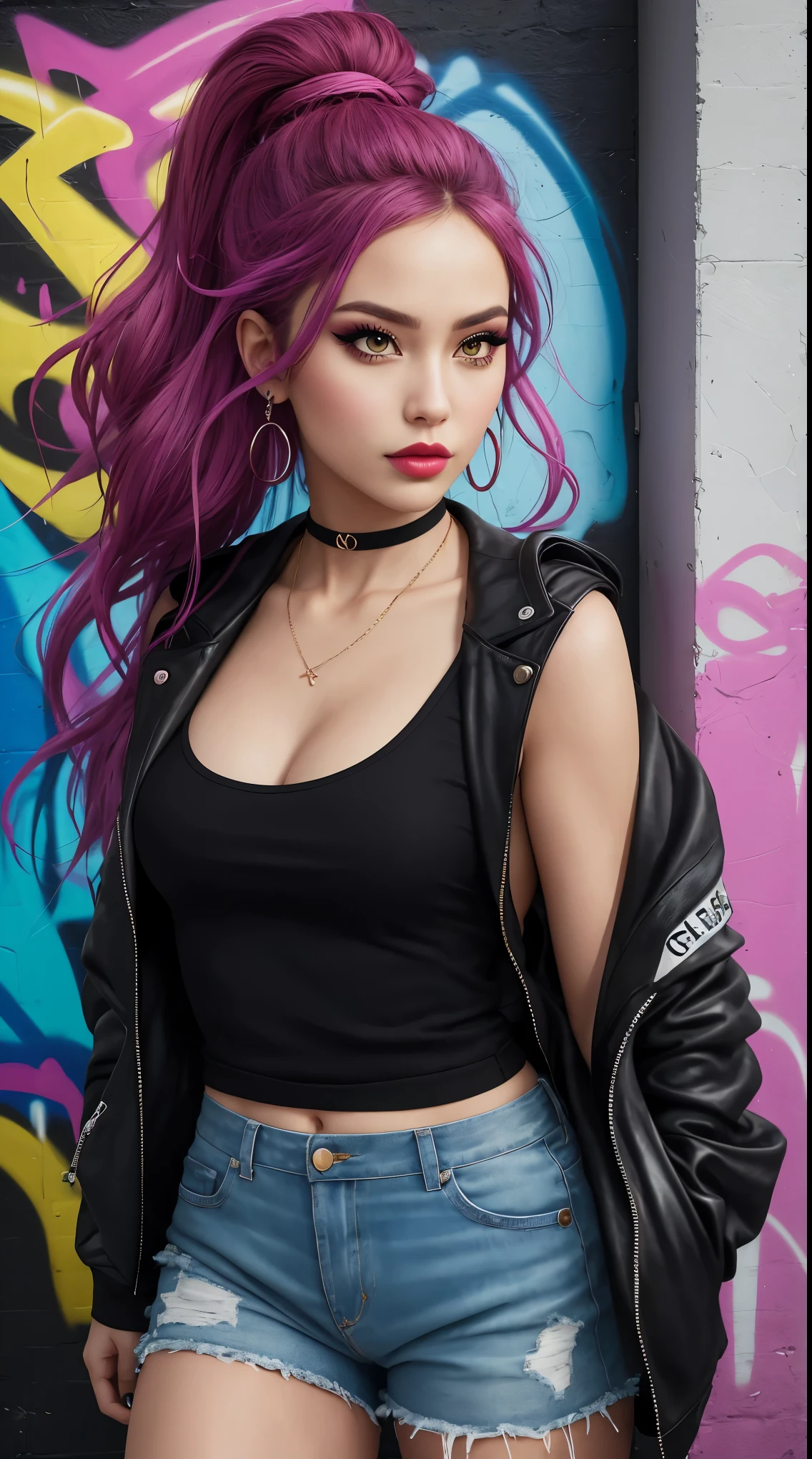 A rebellious girl with a stylish street fashion style, featuring a sultry look and a smoky eye makeup. The background is a graffiti wall, showcasing a dynamic pose in a colorful photograph. (best quality,4k,8k,highres,masterpiece:1.2),ultra-detailed,(realistic,photorealistic,photo-realistic:1.37),street photography,vivid colors,urban fashion,portraits,fashion model