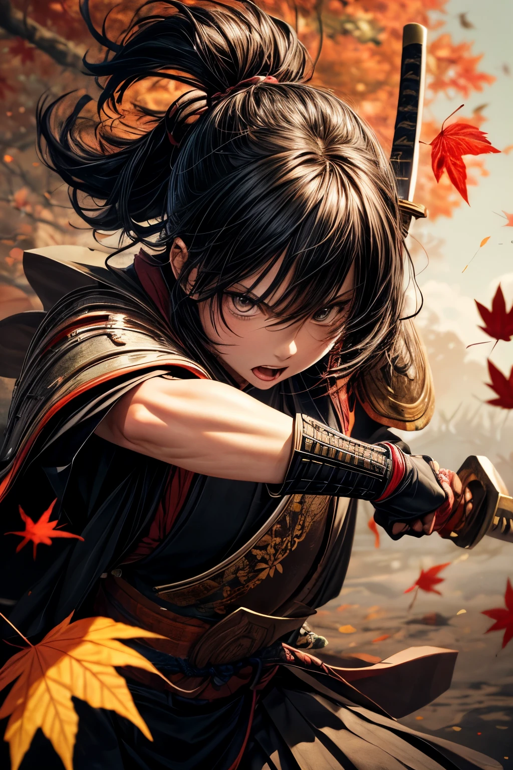 ultra-detailed samurai in traditional armor, fierce expression, powerful stance, katana in hand, Autumn Leaves Background
, vibrant colors, dynamic lighting,More Detail,