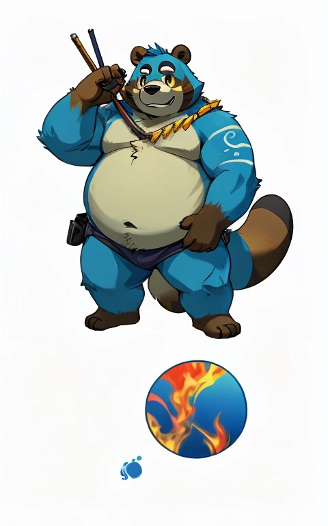 correct body proportions，male，Fat， fur， detailed， high resolution， masterpiece， best quality，tanuki，yellow fur，blue plaga，blue tanuki，blue patterns，Flame Tail