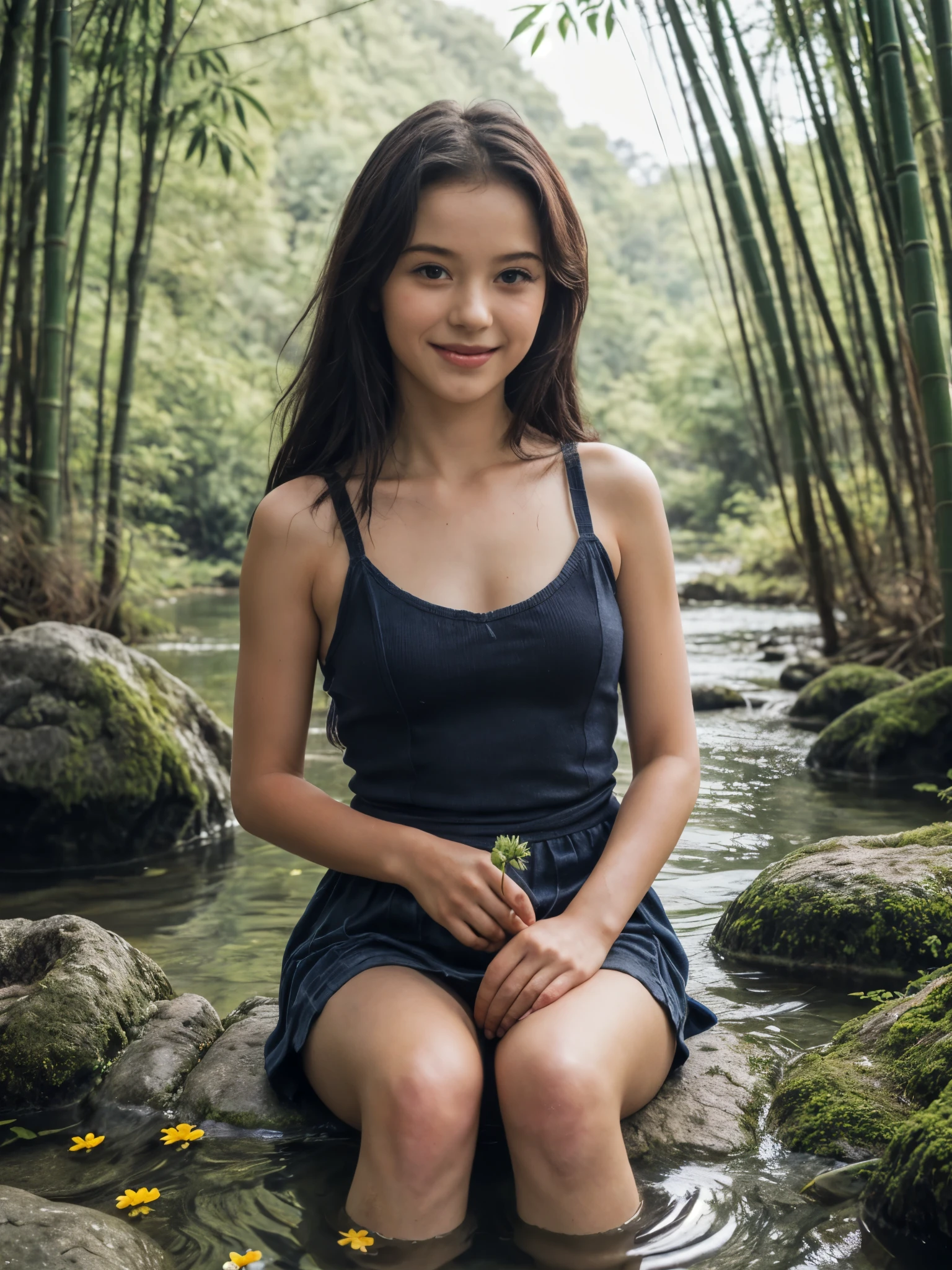 1girl, very wide shot, breathtaking creek with tree surrounding it, detailed face, (evoke a romantic vibes:1.2), smile, long black hair, dappled sunlight, bamboo trees, rocky riverside, mossy, water reflection, sharp focus, (realistic:1.3), masterpiece, ray tracing, ultra realistic, ultra hd, stylish, (blue flowers here and there, blue flower petals on water:1.2), cinematic photography lighting, bush, (****, cute:1.3), (breasts:1.2), 