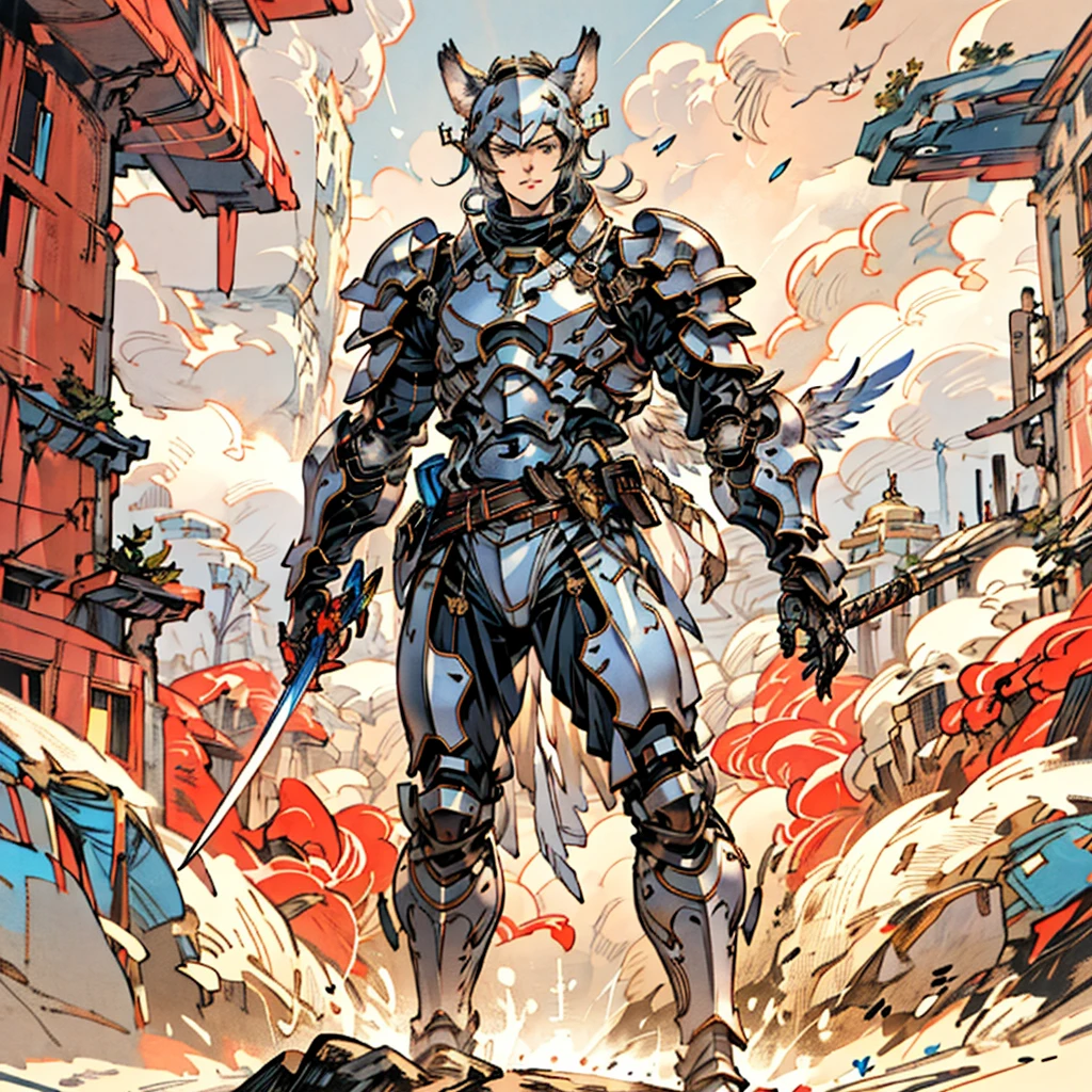 warrior with long wings, old men with wolf ears, (ultra-detailed), (perfect lighting), (dynamic angle), floating while landing, futuristic retro armor, long sword, fire pink neon glowing outline, starry sky, colorful clouds, man wearing a full-face helmet, a fantasy-style biotech armored combat suit, green eyes, (a composite layered chest armor), fully enclosed shoulder guards, matching arm and leg guards, the belt is adorned with Falcon Wing, (the color scheme is primarily white with red and blue accents), the design balances heavy with agility, a high-tech bio-mecha armor, (Armor Concept Inspired by Falcon, stand on the top of a skyscraper in a futuristic sci-fi city), this character embodies a finely crafted fantasy-surreal style armored hero in anime style, exquisite and mature manga art style, (battle damage, element, plasma, energy, the armor glows), ((male:1.5)), metallic, real texture material, dramatic, high definition, best quality, highres, ultra-detailed, ultra-fine painting, extremely delicate, professional, perfect body proportions, golden ratio, anatomically correct, symmetrical face, extremely detailed eyes and face, high quality eyes, creativity, RAW photo, UHD, 32k, Natural light, cinematic lighting, masterpiece-anatomy-perfect, masterpiece:1.5
