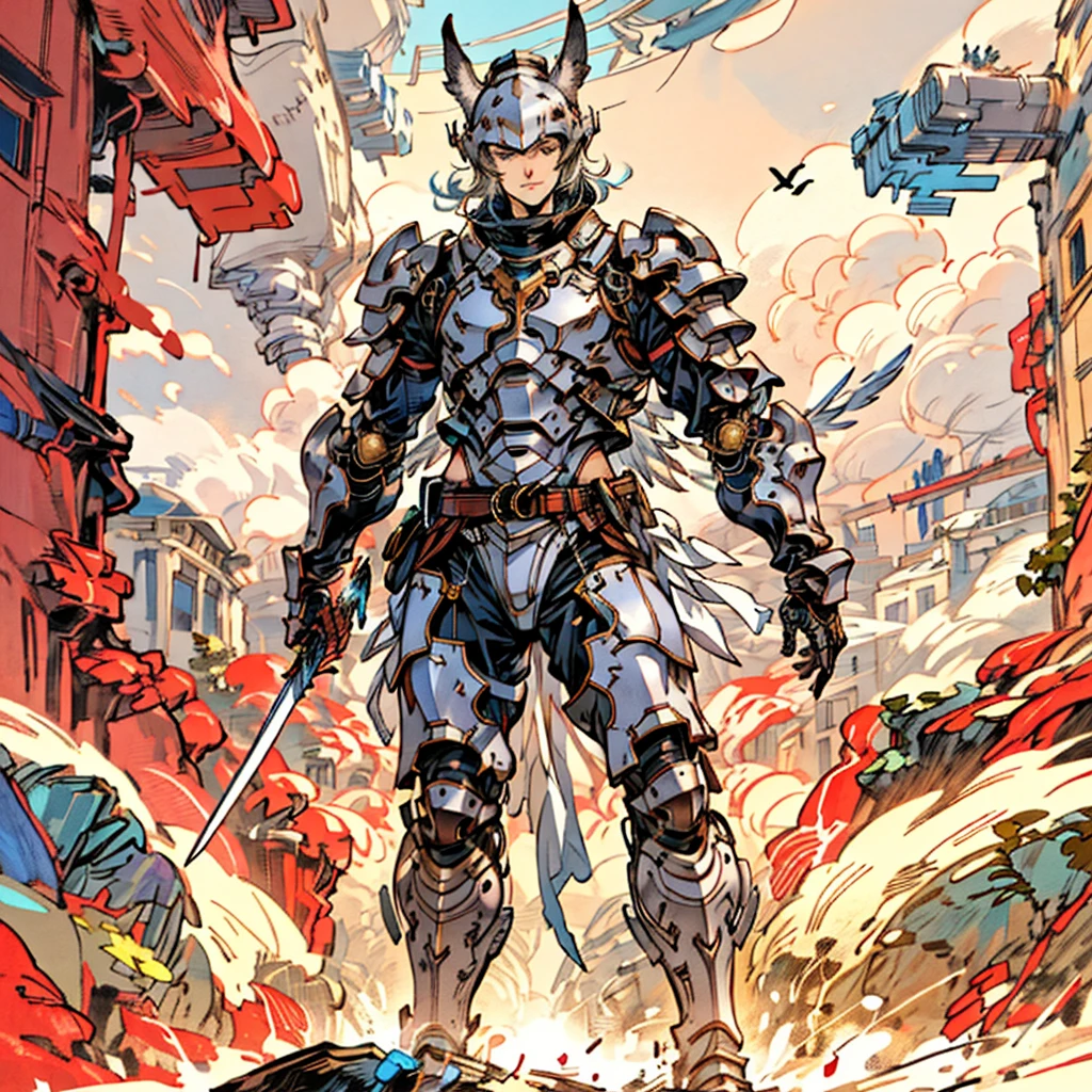 warrior with long wings, old men with wolf ears, (ultra-detailed), (perfect lighting), (dynamic angle), floating while landing, futuristic retro armor, long sword, fire pink neon glowing outline, starry sky, colorful clouds, man wearing a full-face helmet, a fantasy-style biotech armored combat suit, green eyes, (a composite layered chest armor), fully enclosed shoulder guards, matching arm and leg guards, the belt is adorned with Falcon Wing, (the color scheme is primarily white with red and blue accents), the design balances heavy with agility, a high-tech bio-mecha armor, (Armor Concept Inspired by Falcon, stand on the top of a skyscraper in a futuristic sci-fi city), this character embodies a finely crafted fantasy-surreal style armored hero in anime style, exquisite and mature manga art style, (battle damage, element, plasma, energy, the armor glows), ((male:1.5)), metallic, real texture material, dramatic, high definition, best quality, highres, ultra-detailed, ultra-fine painting, extremely delicate, professional, perfect body proportions, golden ratio, anatomically correct, symmetrical face, extremely detailed eyes and face, high quality eyes, creativity, RAW photo, UHD, 32k, Natural light, cinematic lighting, masterpiece-anatomy-perfect, masterpiece:1.5