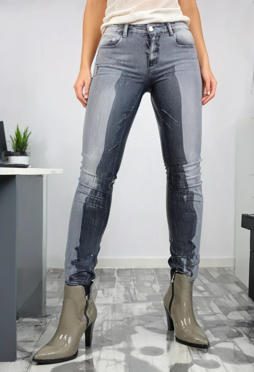 attractive blonde woman wearing skinny jeans, ankle boots, white blouse, standing in an office, wetting, big smile, pee stains are gleaming wet, pee stains bulge out onto hips of jeans, boots are flooded with pee, pee flows out of boots