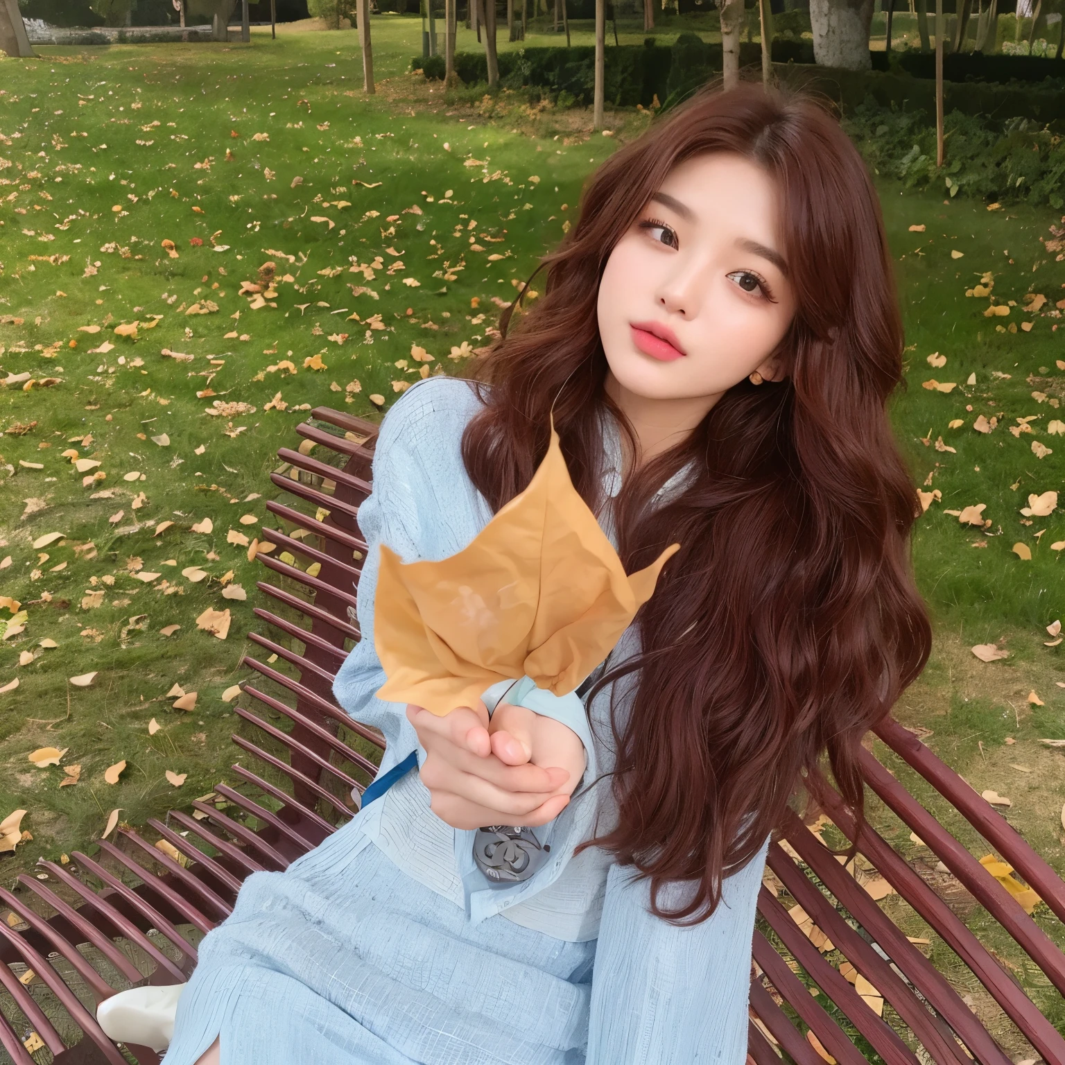 masterpiece, best quality, Girl wearing blue Chanel，Facing the camera，Long hair，Bangs，Red curly hair，Long curly hair，Flowing hair，20 years old，Sweet cool girl，a girl，Exquisite  features，