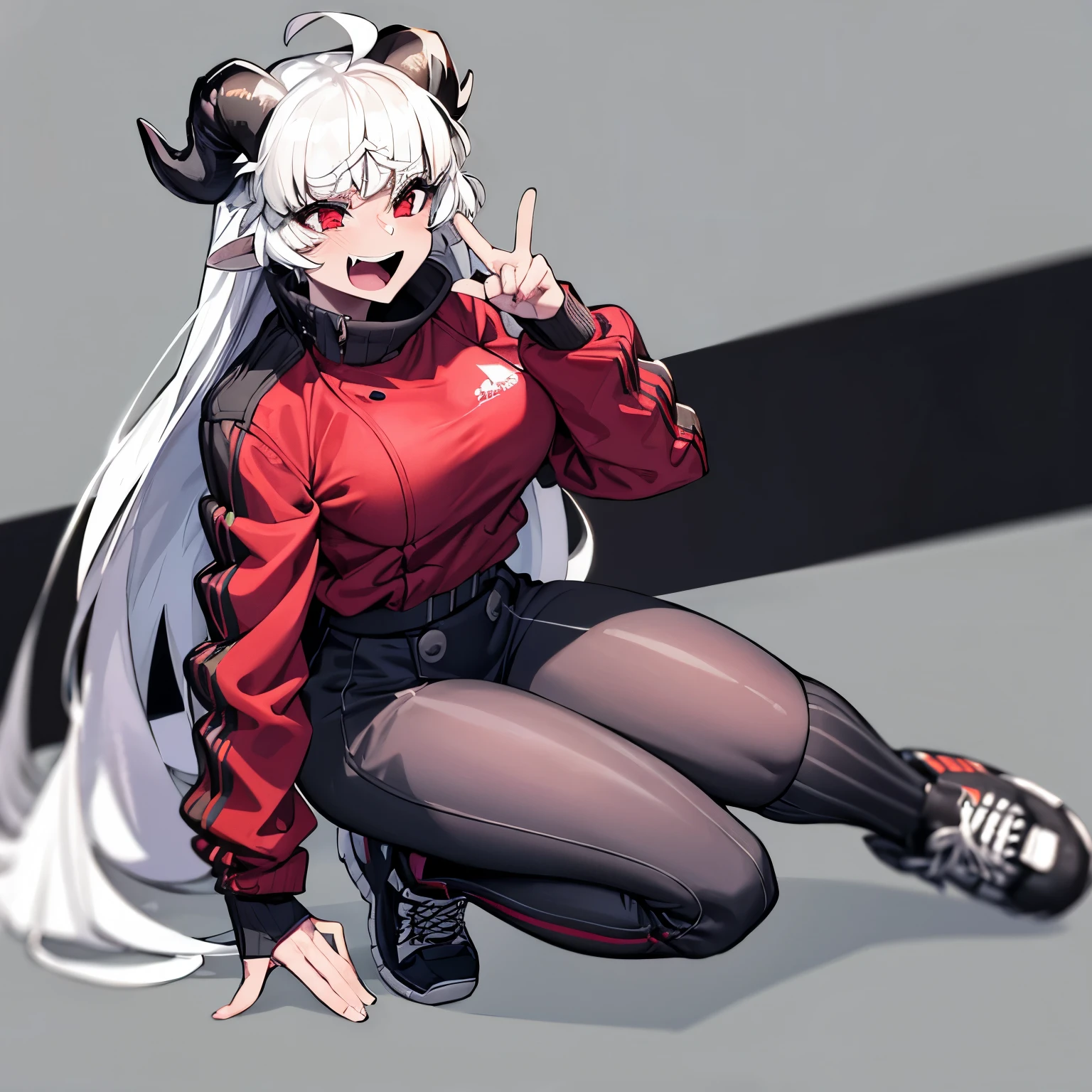 malina(helltaker), large breasts, pants, teeth, black horns, white hair, grey background, black footwear, jacket, short hair, squatting, track jacket, demon horns, demon girl, open mouth, solo, demon tail, looking at viewer, 1girl, red jacket, sneakers, red eyes, ahoge, shoes, simple background, horns, tail